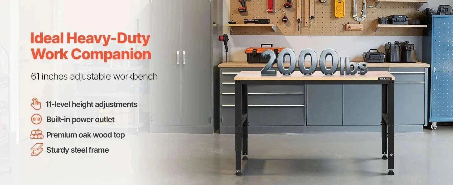 Adjustable Heavy-Duty Workbench with Power Outlets and Hardwood Top-61x20in / United States