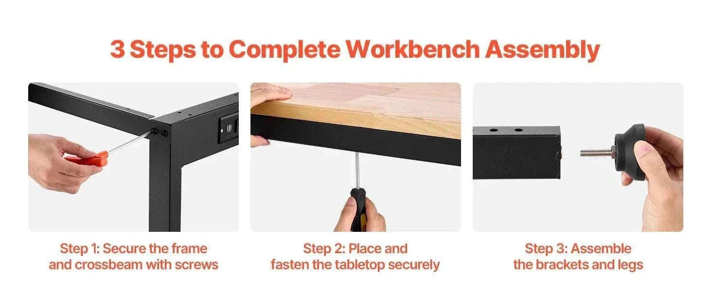 Adjustable Heavy-Duty Workbench with Power Outlets and Hardwood Top-61x20in / United States