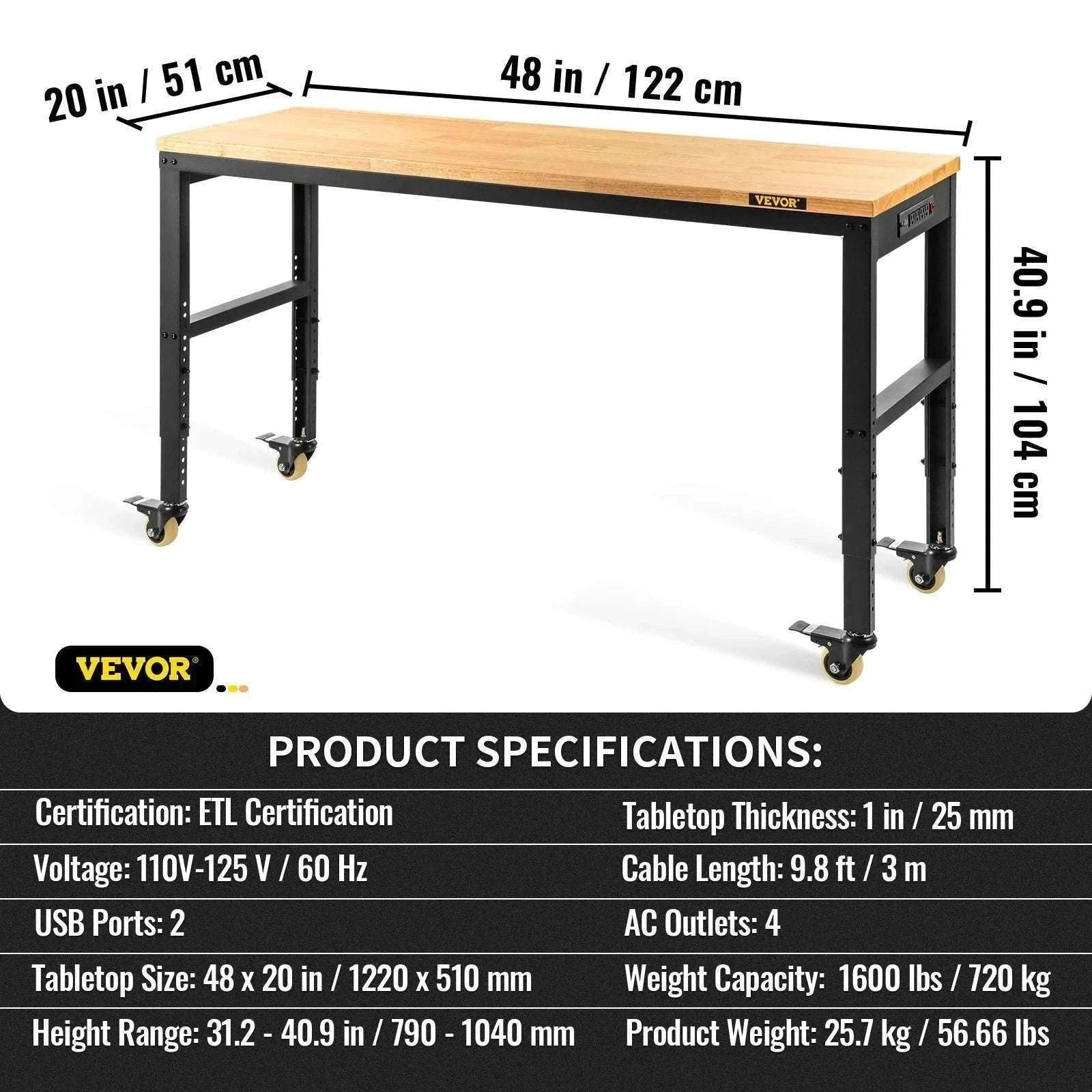 Adjustable Heavy-Duty Workbench with Power Outlets and Hardwood Top-61x20in / United States