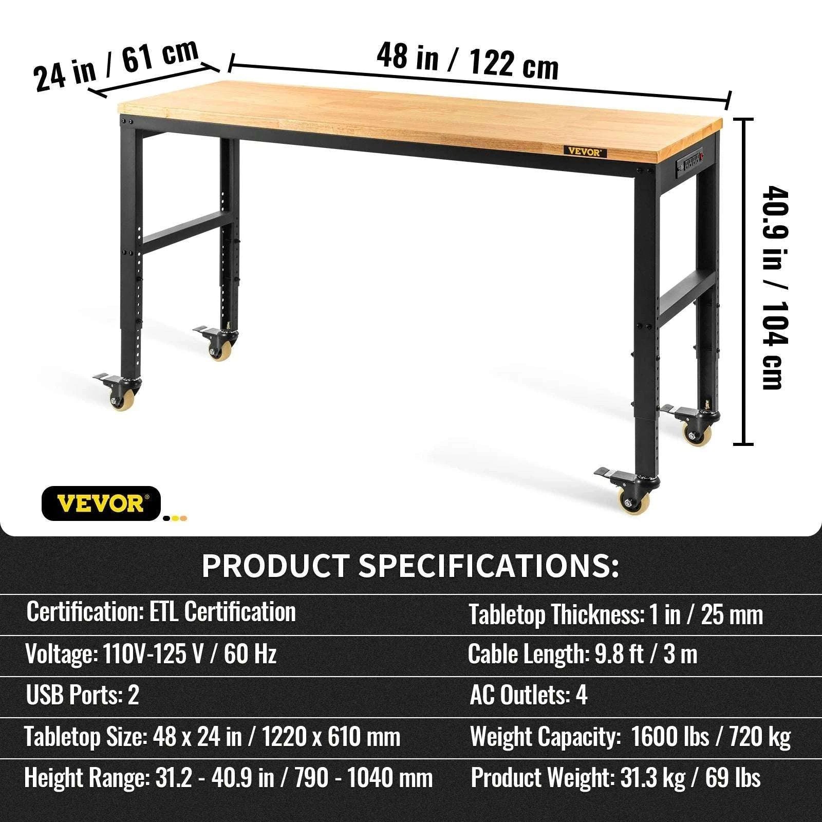 Adjustable Heavy-Duty Workbench with Power Outlets and Hardwood Top-61x20in / United States