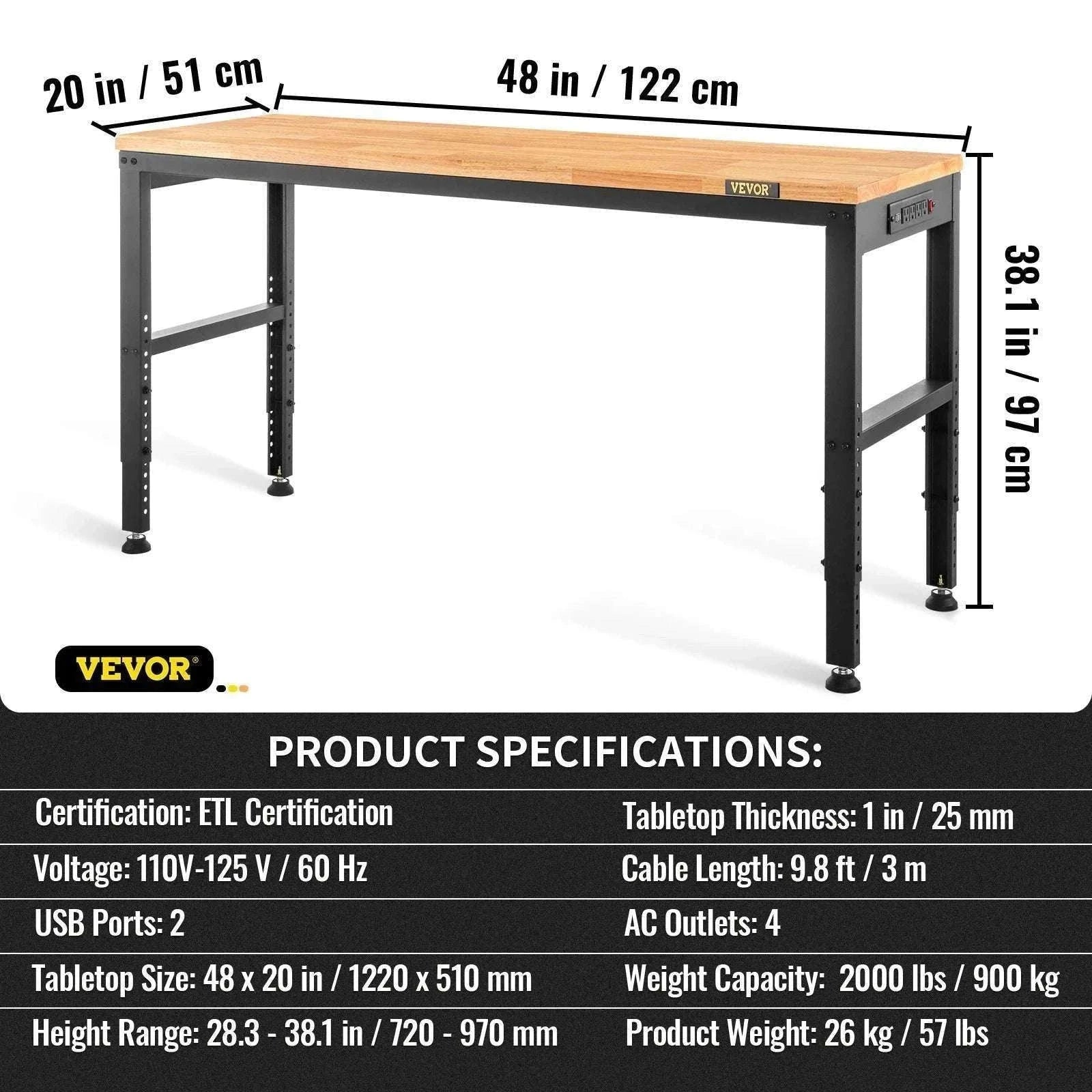 Adjustable Heavy-Duty Workbench with Power Outlets and Hardwood Top-61x20in / United States