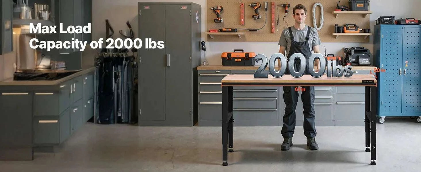 Adjustable Heavy-Duty Workbench with Power Outlets and Hardwood Top-61x20in / United States