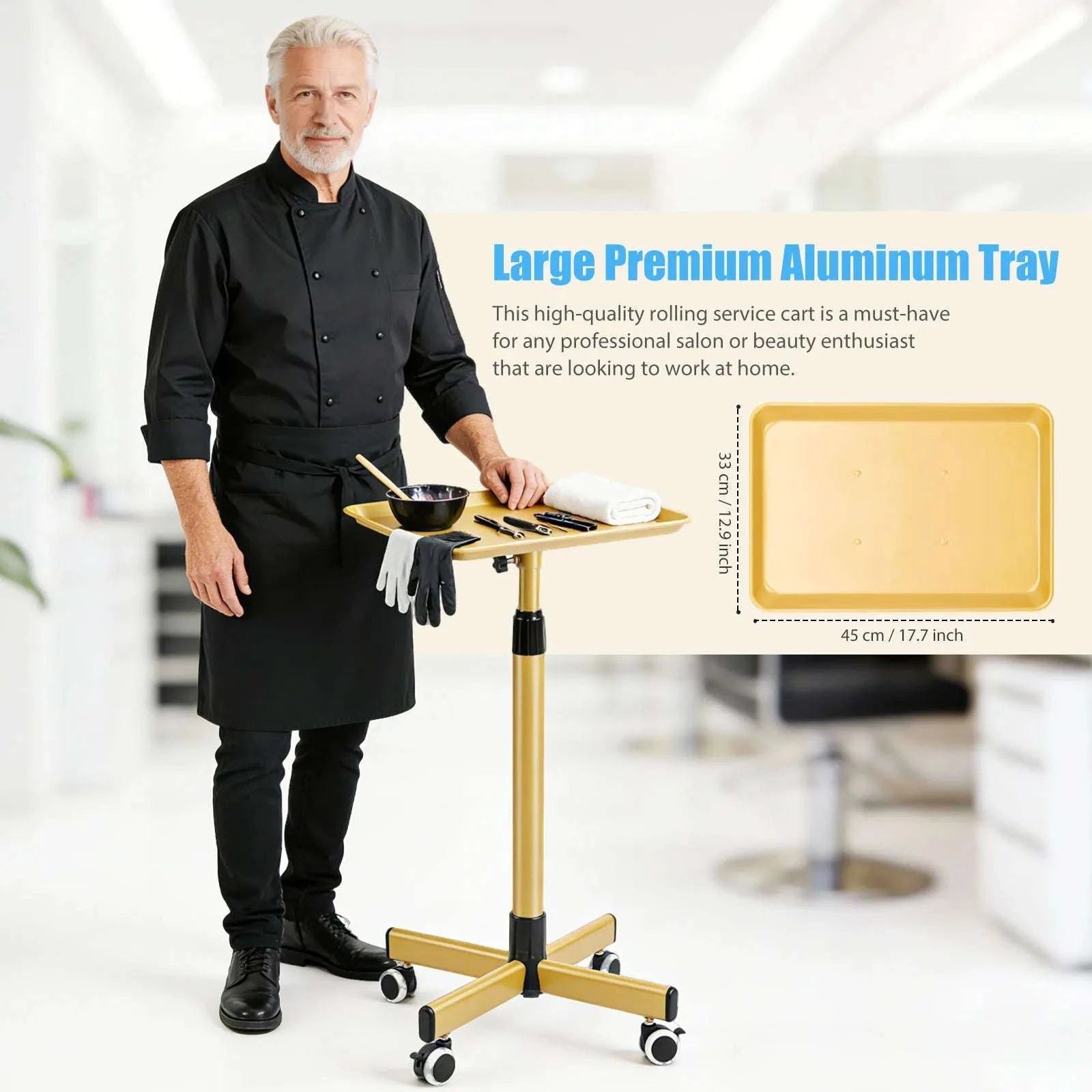 Adjustable Height Salon Cart with Large Aluminum Tray & Wheels-United States