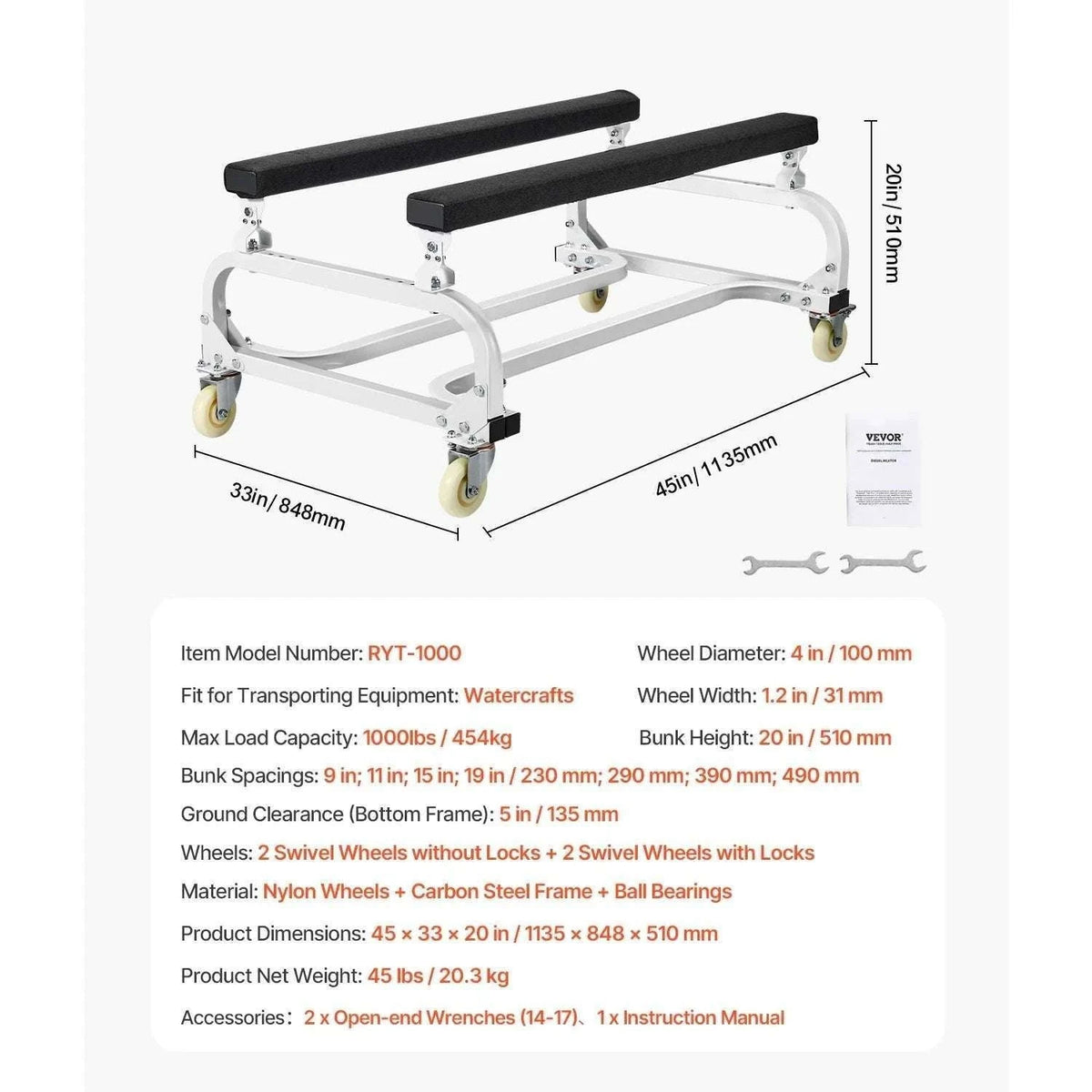 Adjustable Jet Ski Dolly Cart with 1300 lb Capacity & Locking Wheels-1300 Lbs / United States