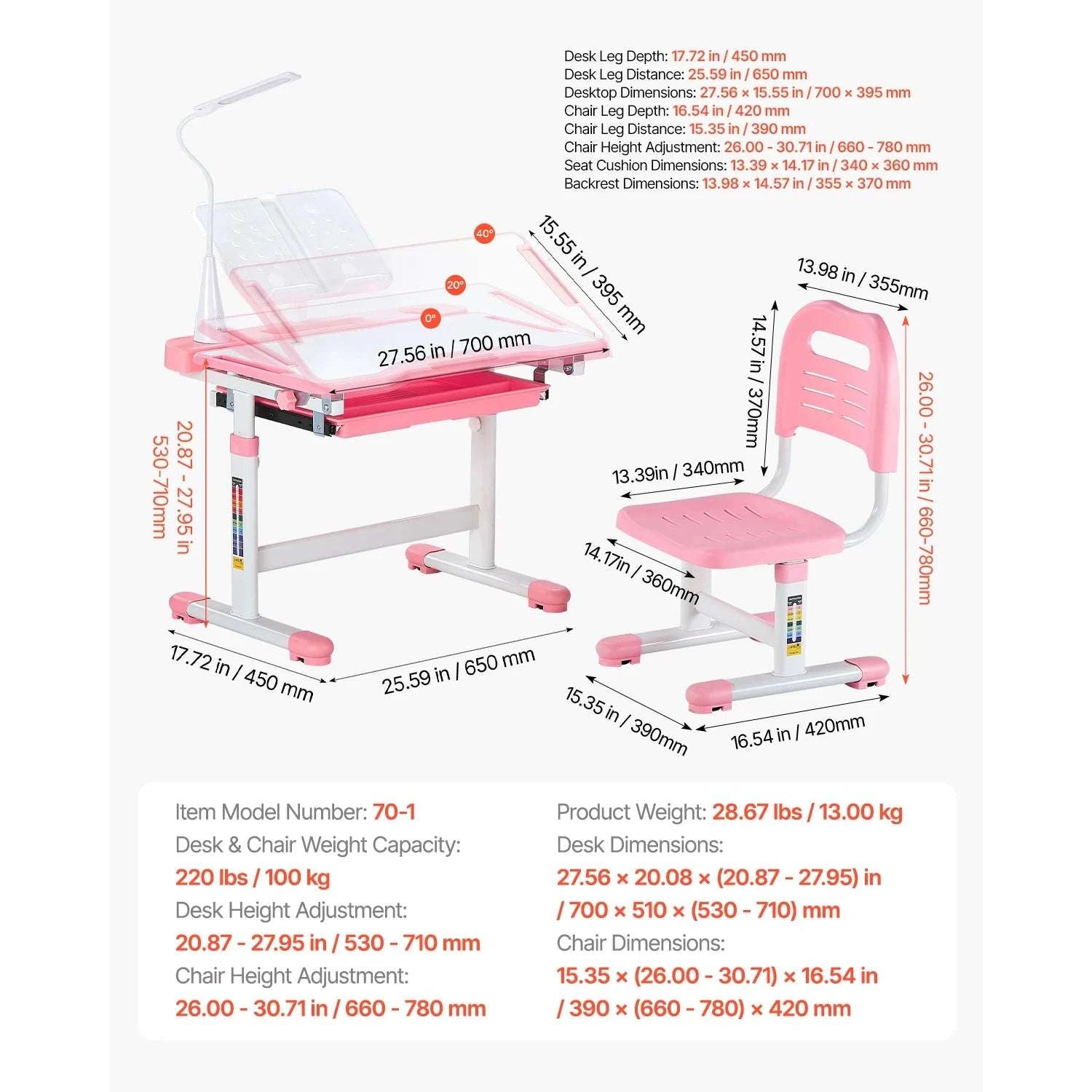 Adjustable Kids Study Desk and Chair Set with Lamp & Storage-20.5-40.34in Pink / United States