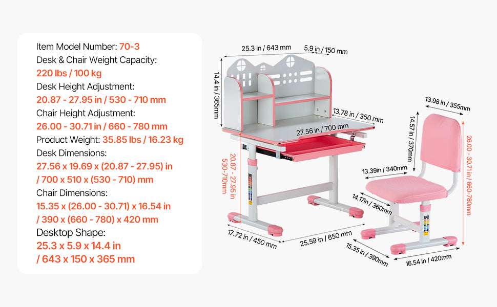 Adjustable Kids Study Desk and Chair Set with Lamp & Storage-20.5-40.34in Pink / United States