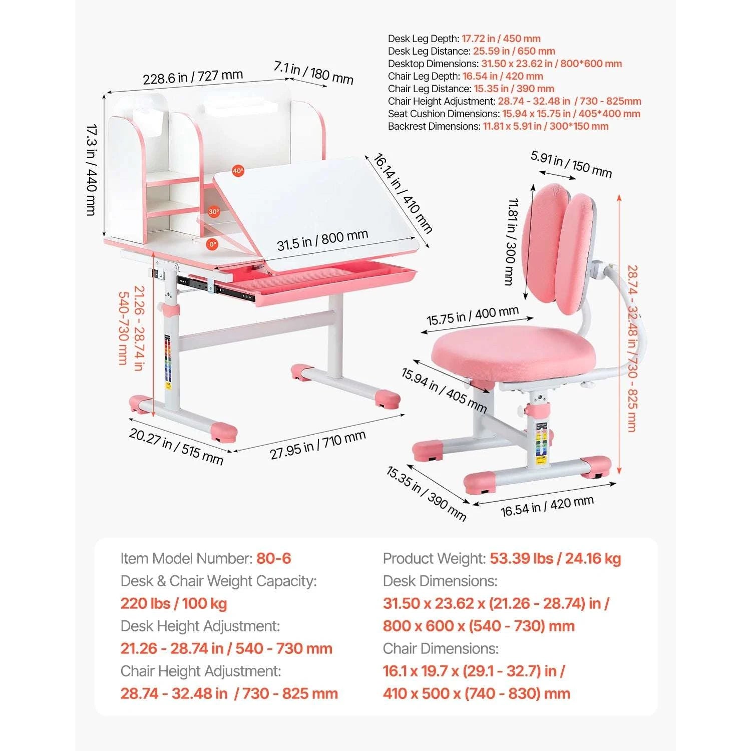 Adjustable Kids Study Desk and Chair Set with Lamp & Storage-20.5-40.34in Pink / United States