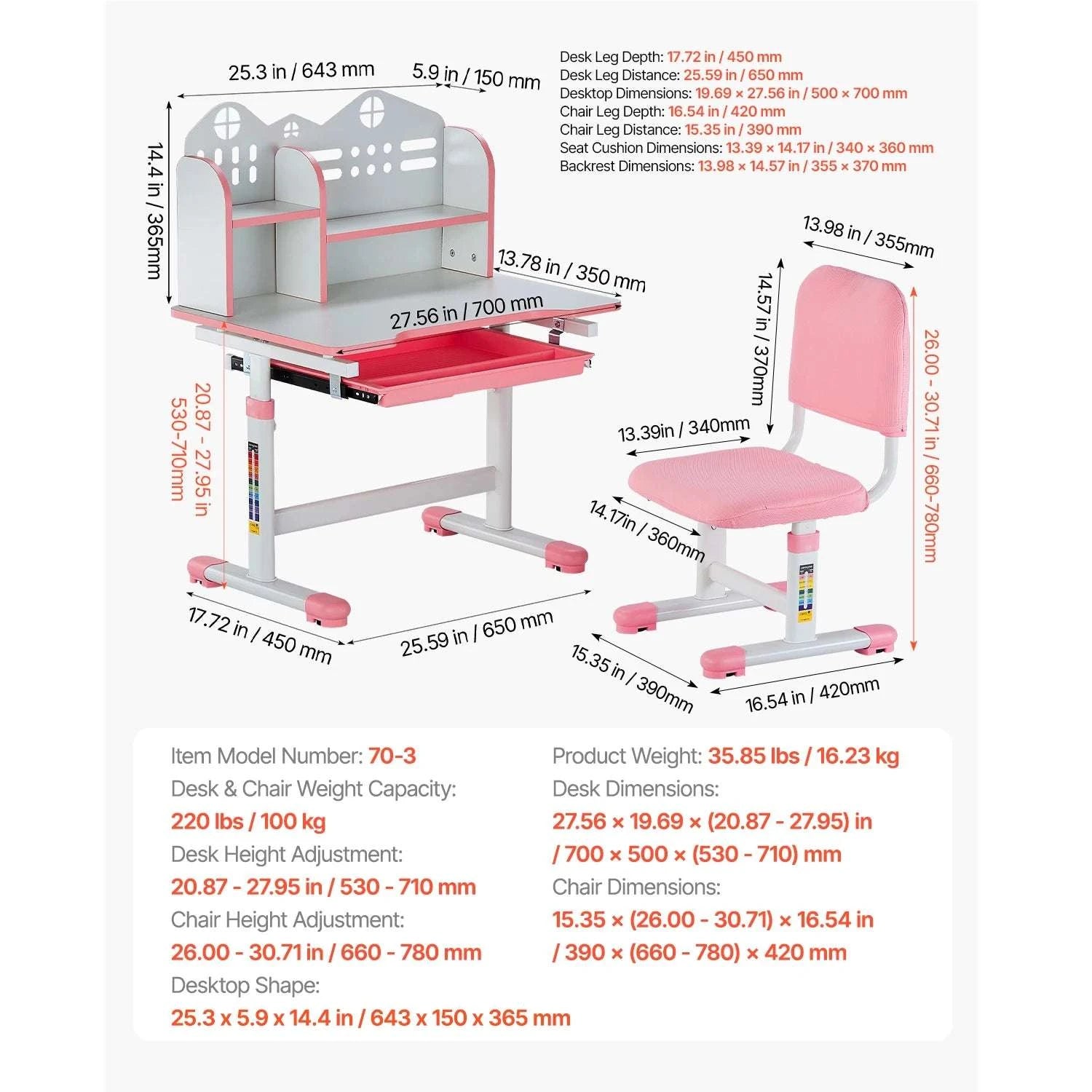 Adjustable Kids Study Desk and Chair Set with Lamp & Storage-20.5-40.34in Pink / United States