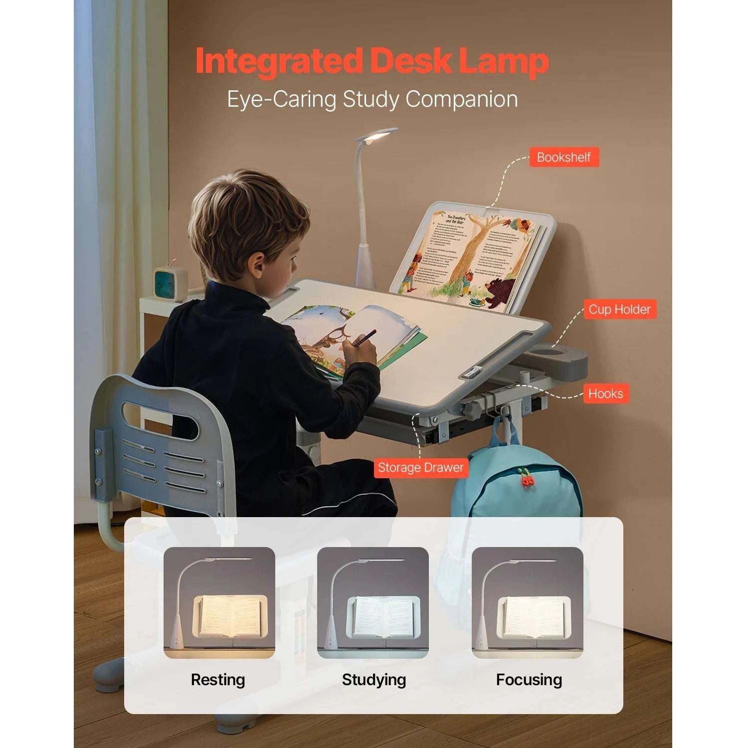 Adjustable Kids Study Desk and Chair Set with Lamp & Storage-20.5-40.34in Pink / United States