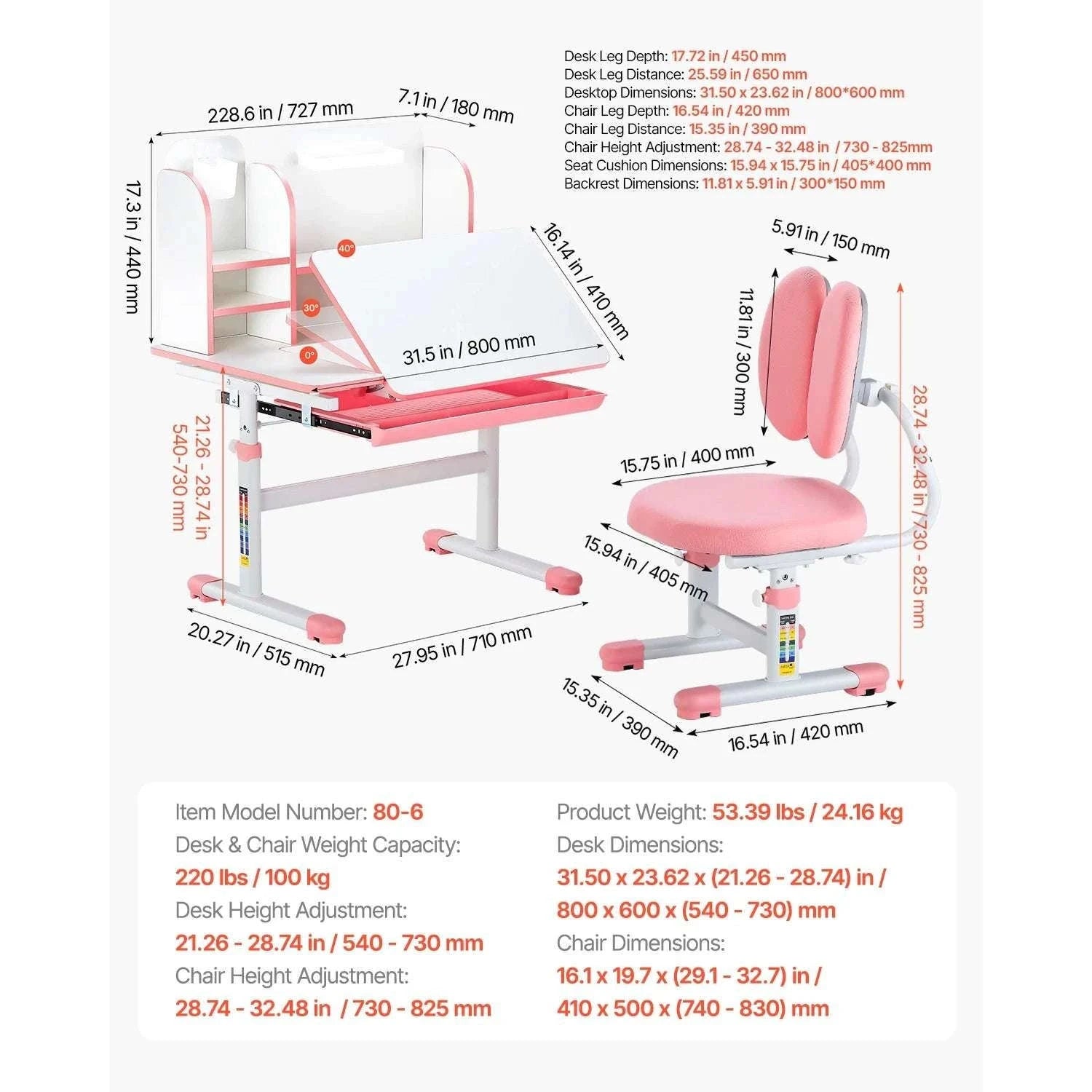 Adjustable Kids Study Desk and Chair Set with Lamp & Storage-20.5-40.34in Pink / United States