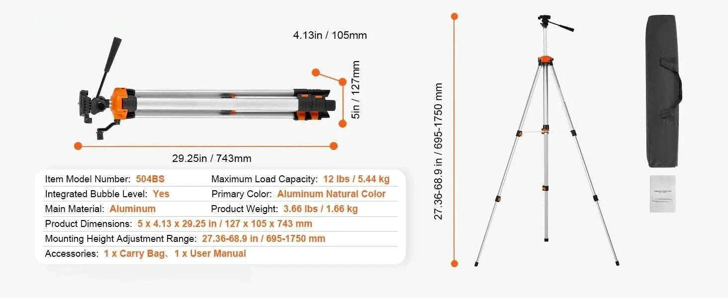Adjustable Laser Level Tripod 40–133 Inch with Dual Thread Mount-Extension / United States
