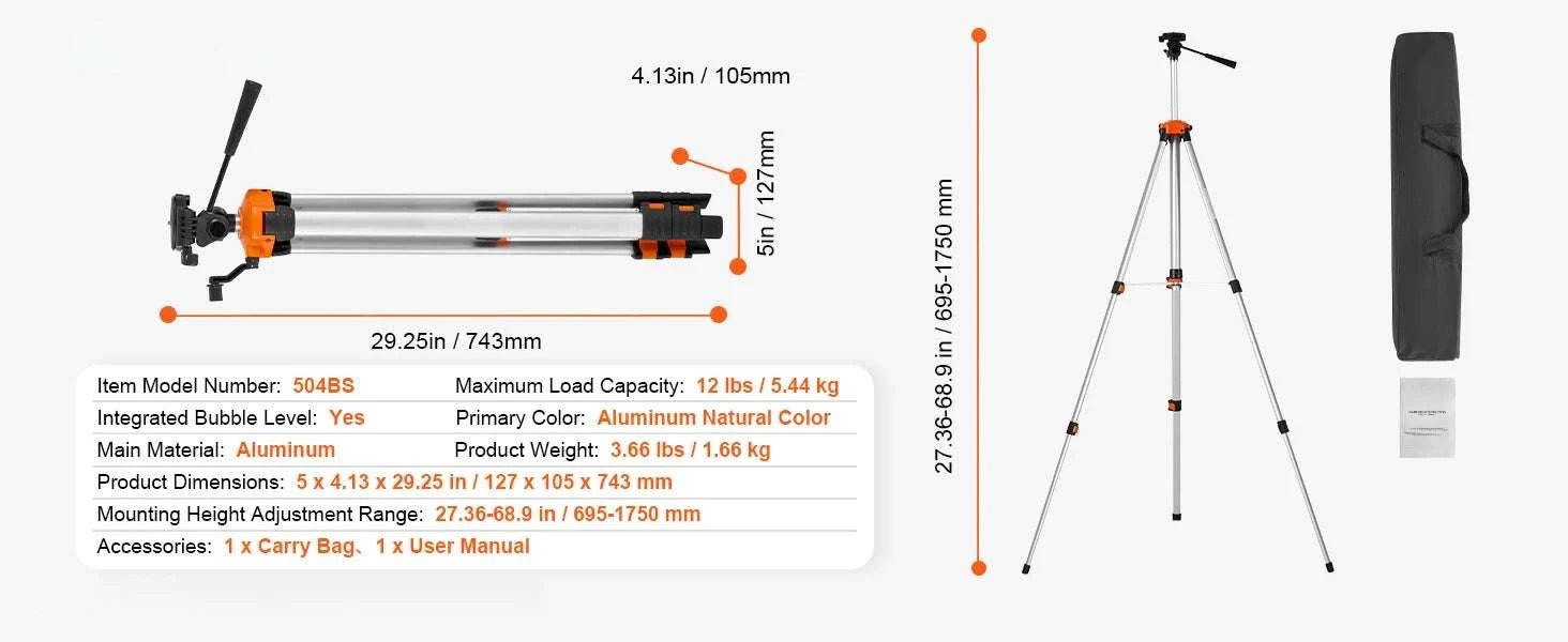 Adjustable Laser Level Tripod 40–133 Inch with Dual Thread Mount-Extension / United States