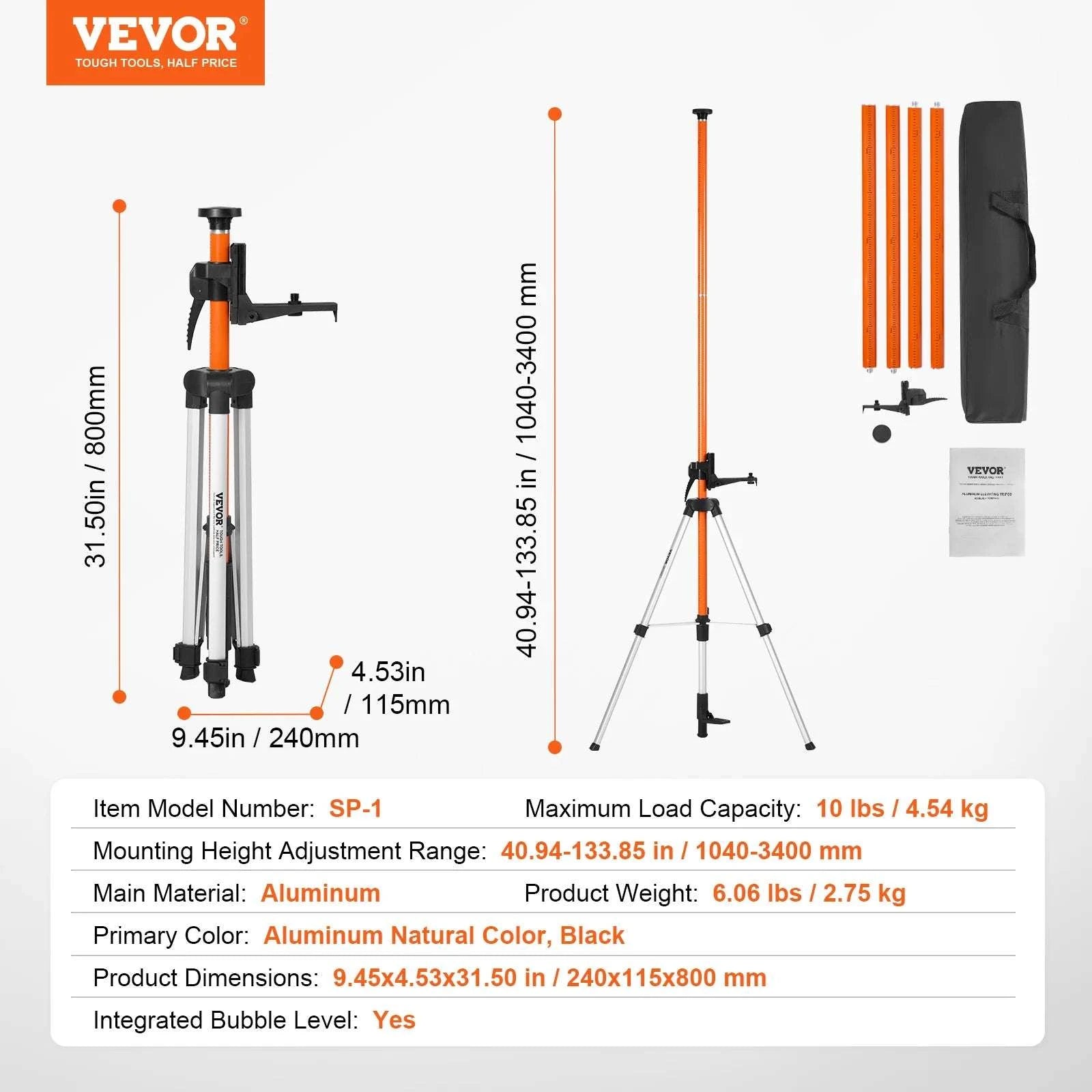 Adjustable Laser Level Tripod 40–133 Inch with Dual Thread Mount-Extension / United States