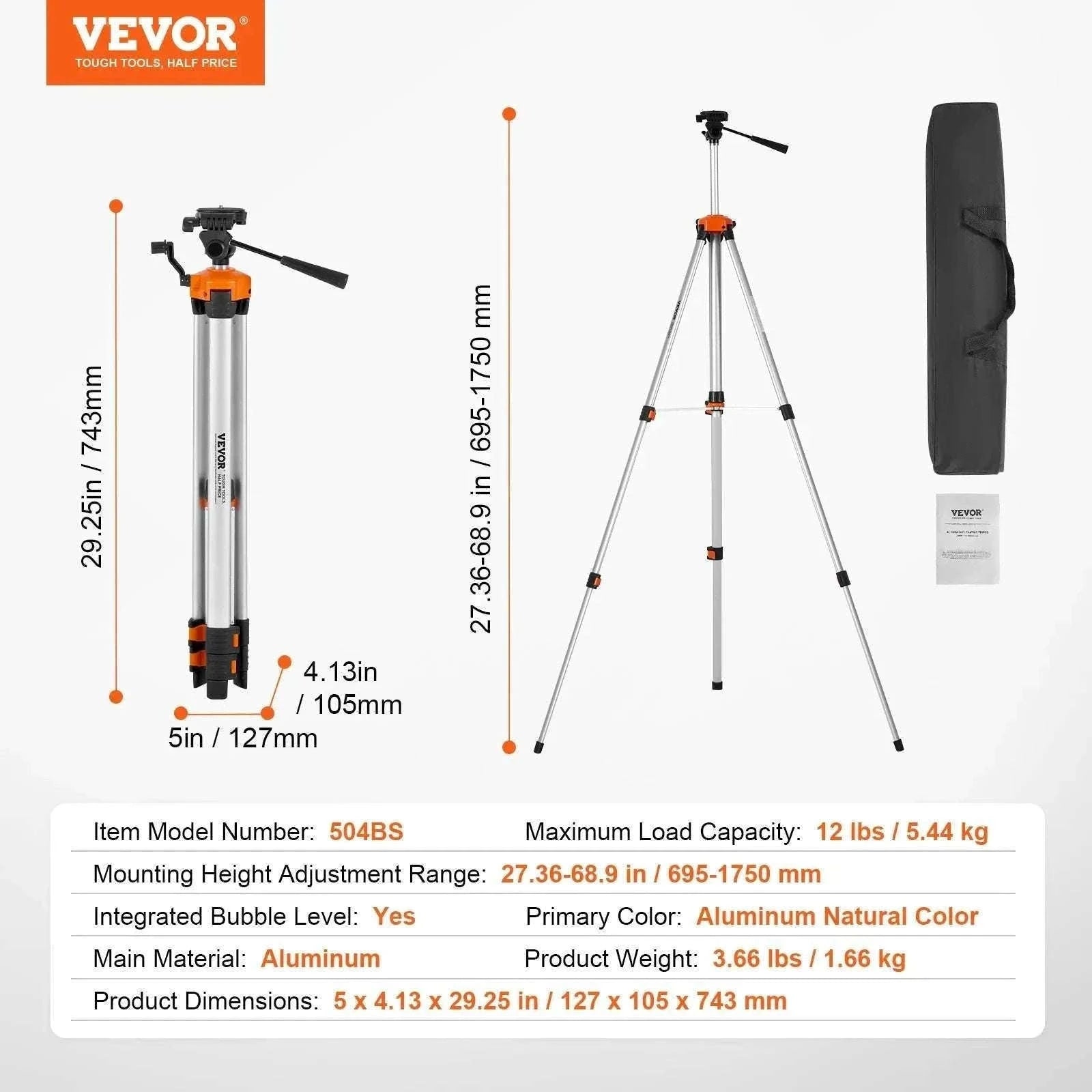 Adjustable Laser Level Tripod 40–133 Inch with Dual Thread Mount-Extension / United States