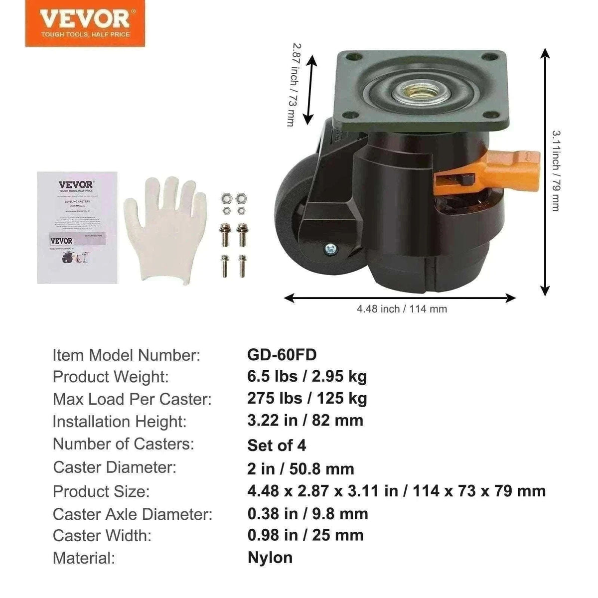 Adjustable Leveling Casters Set of 4 Heavy Duty Swivel Wheels-2.5inch / france
