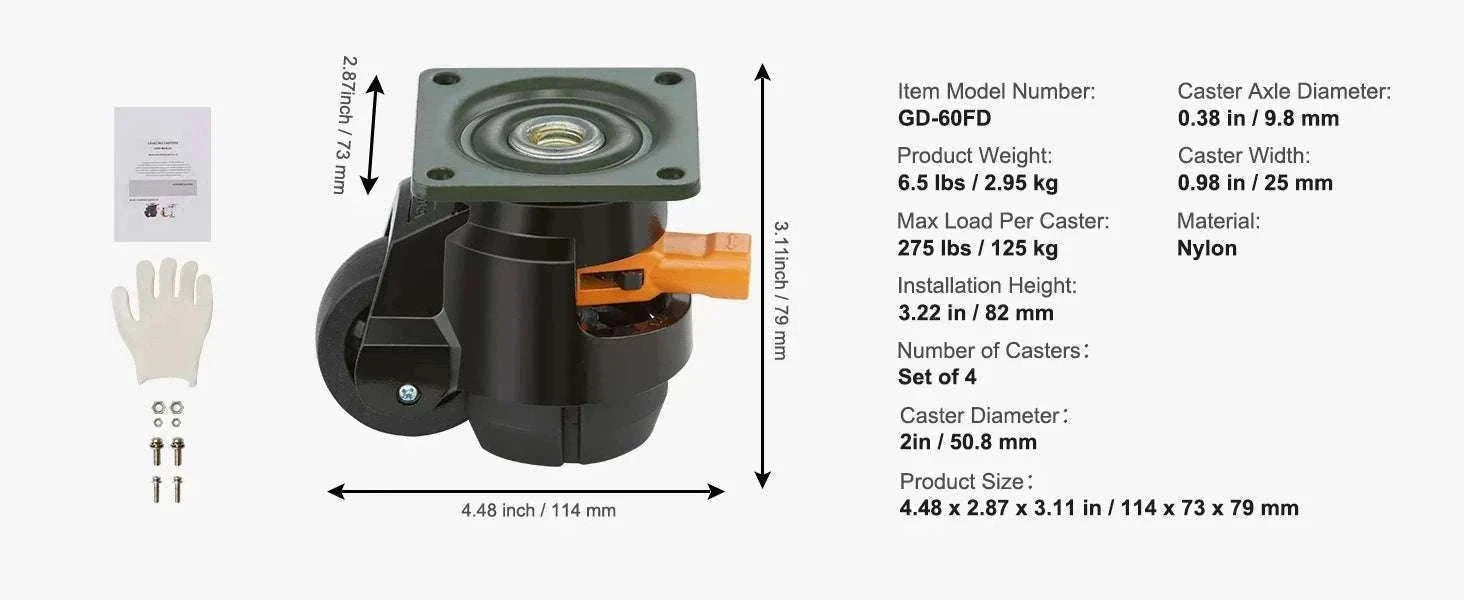 Adjustable Leveling Casters Set of 4 Heavy Duty Swivel Wheels-2in / GERMANY