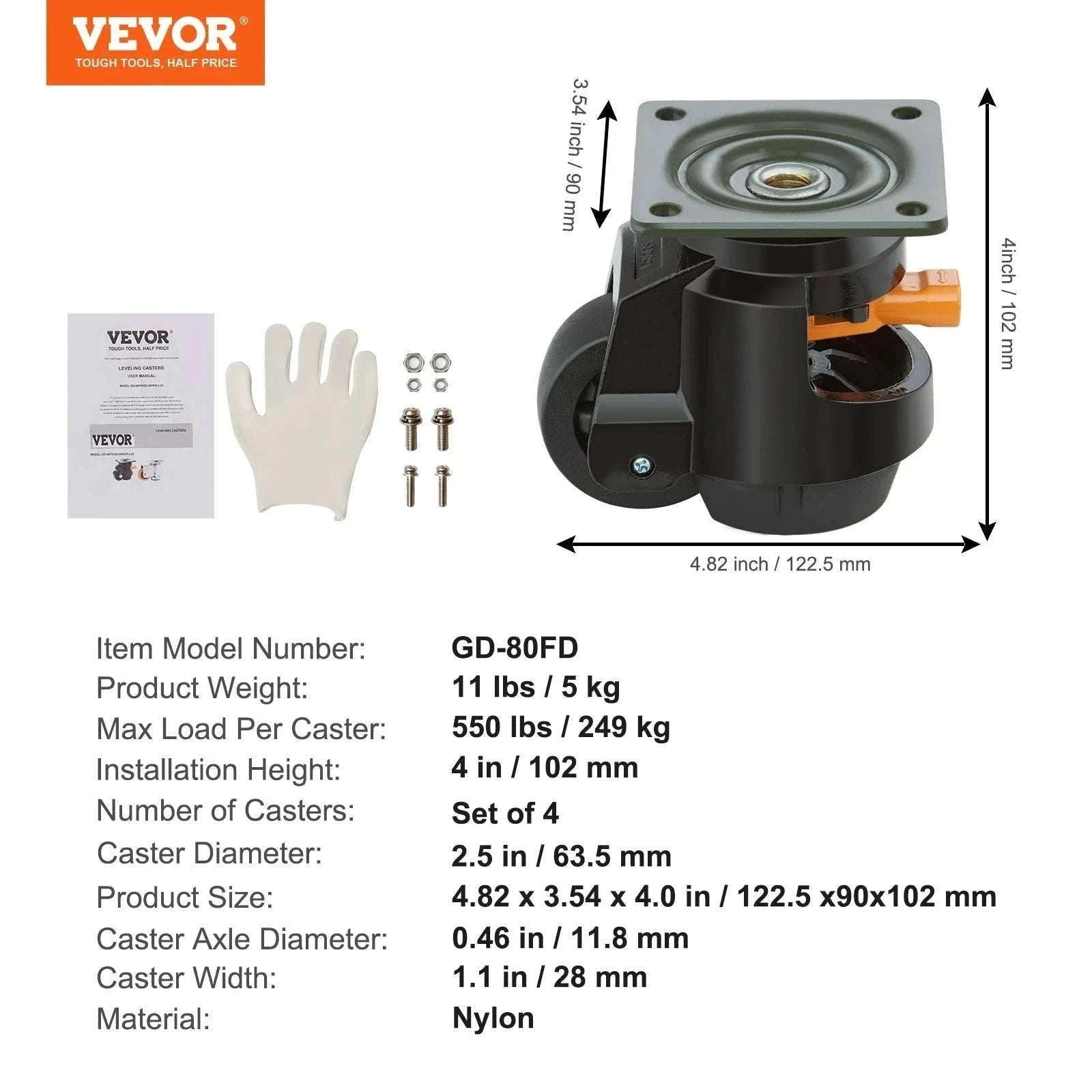 Adjustable Leveling Casters Set of 4 Heavy Duty Swivel Wheels-2in / GERMANY