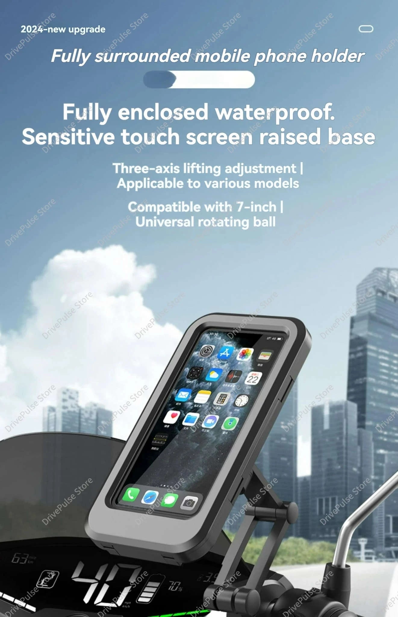 Adjustable Motorcycle Phone Mount with Waterproof Protection-Black