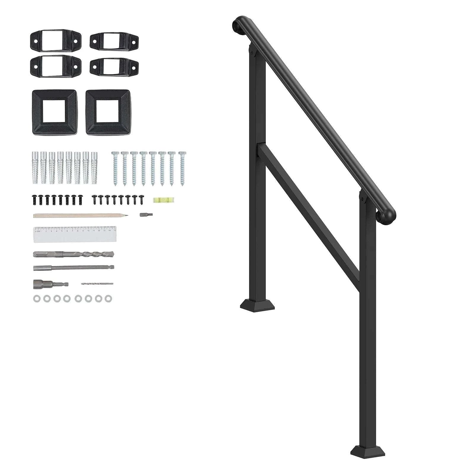 Adjustable Outdoor Stair Handrail for 2–3 Steps with Steel Support-Black / United States