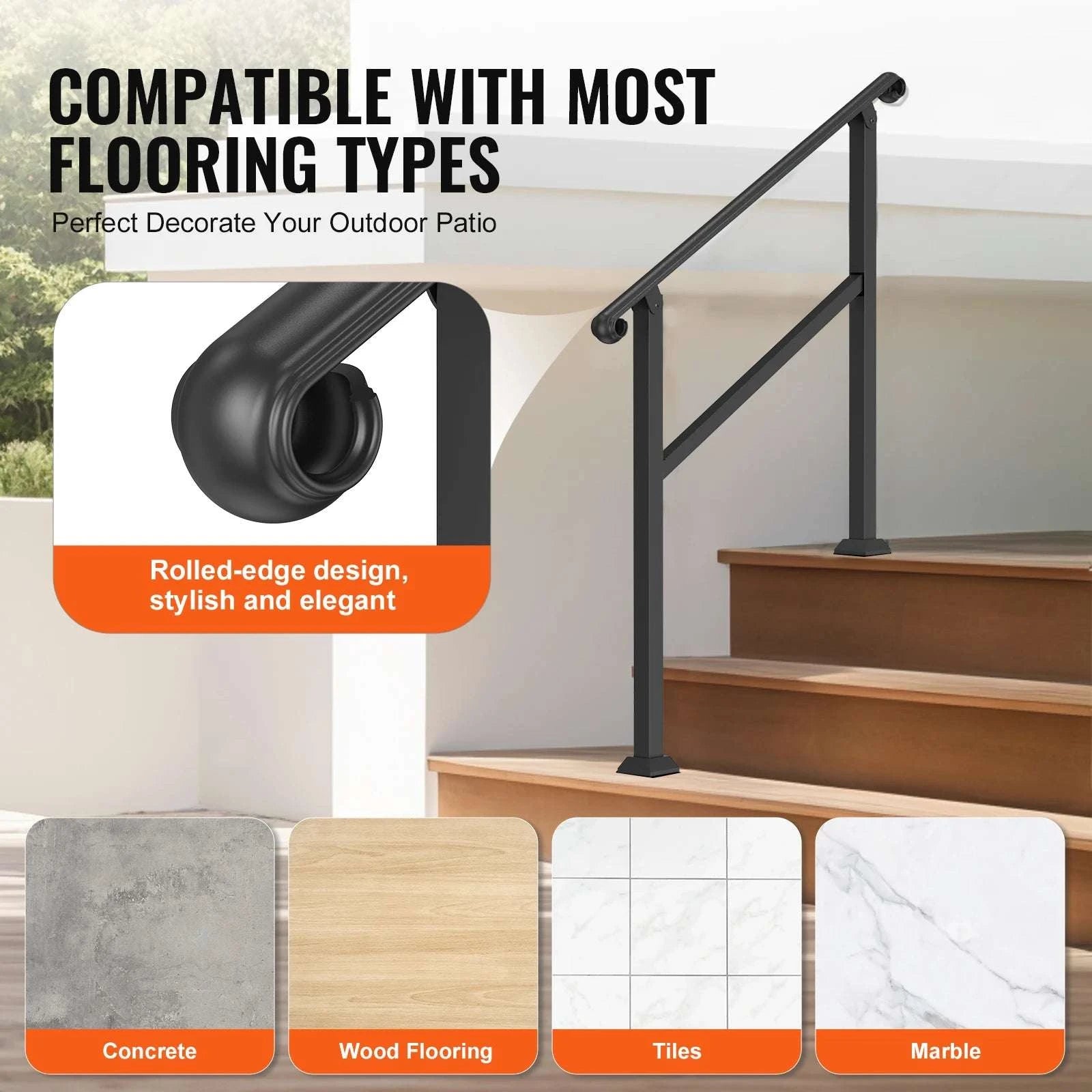 Adjustable Outdoor Stair Handrail for 2–3 Steps with Steel Support-Black / United States