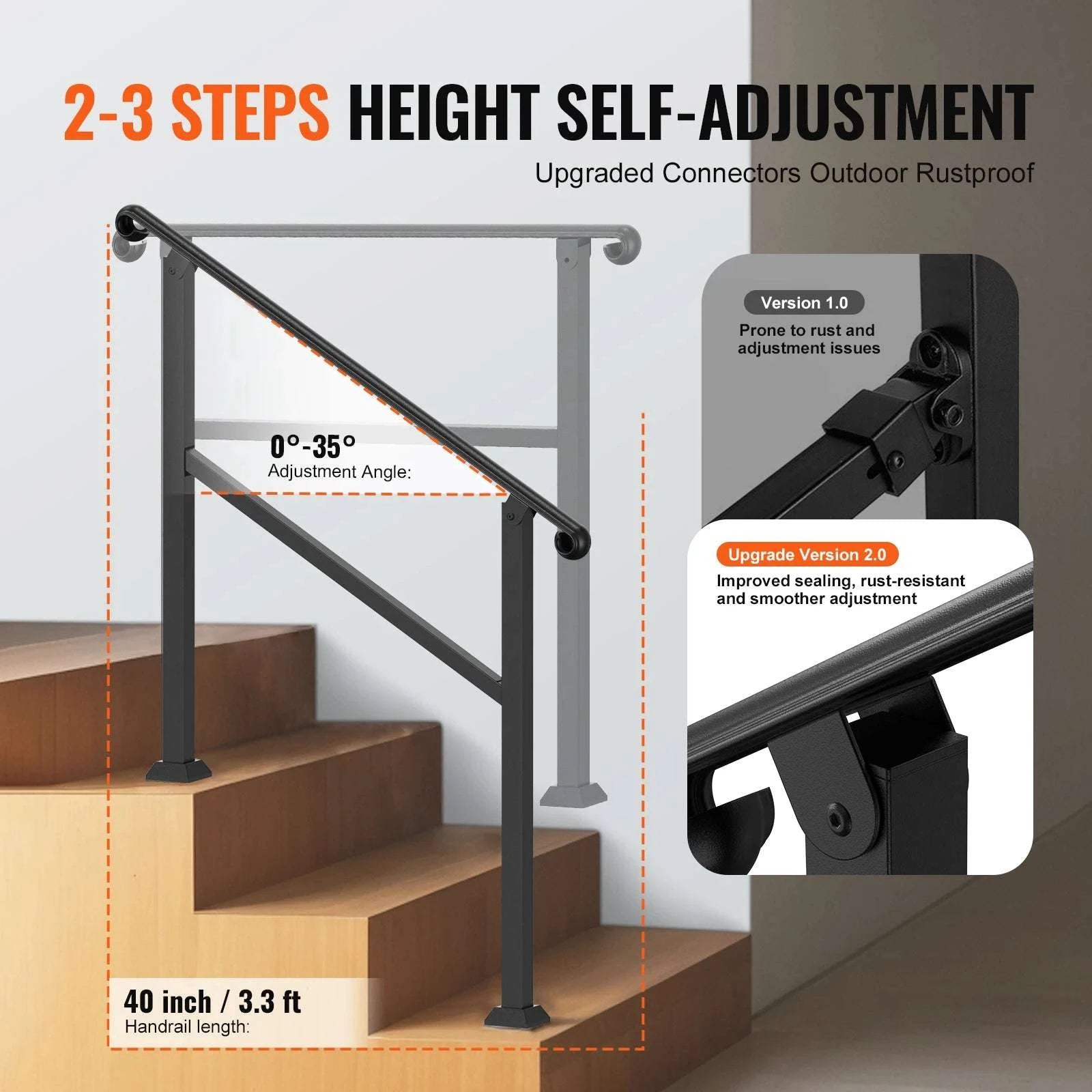 Adjustable Outdoor Stair Handrail for 2–3 Steps with Steel Support-Black / United States