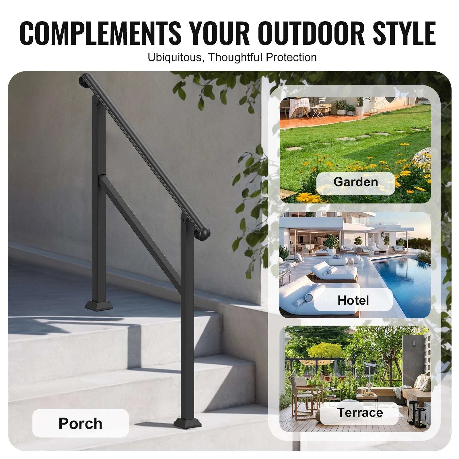 Adjustable Outdoor Stair Handrail for 2–3 Steps with Steel Support-Black / United States