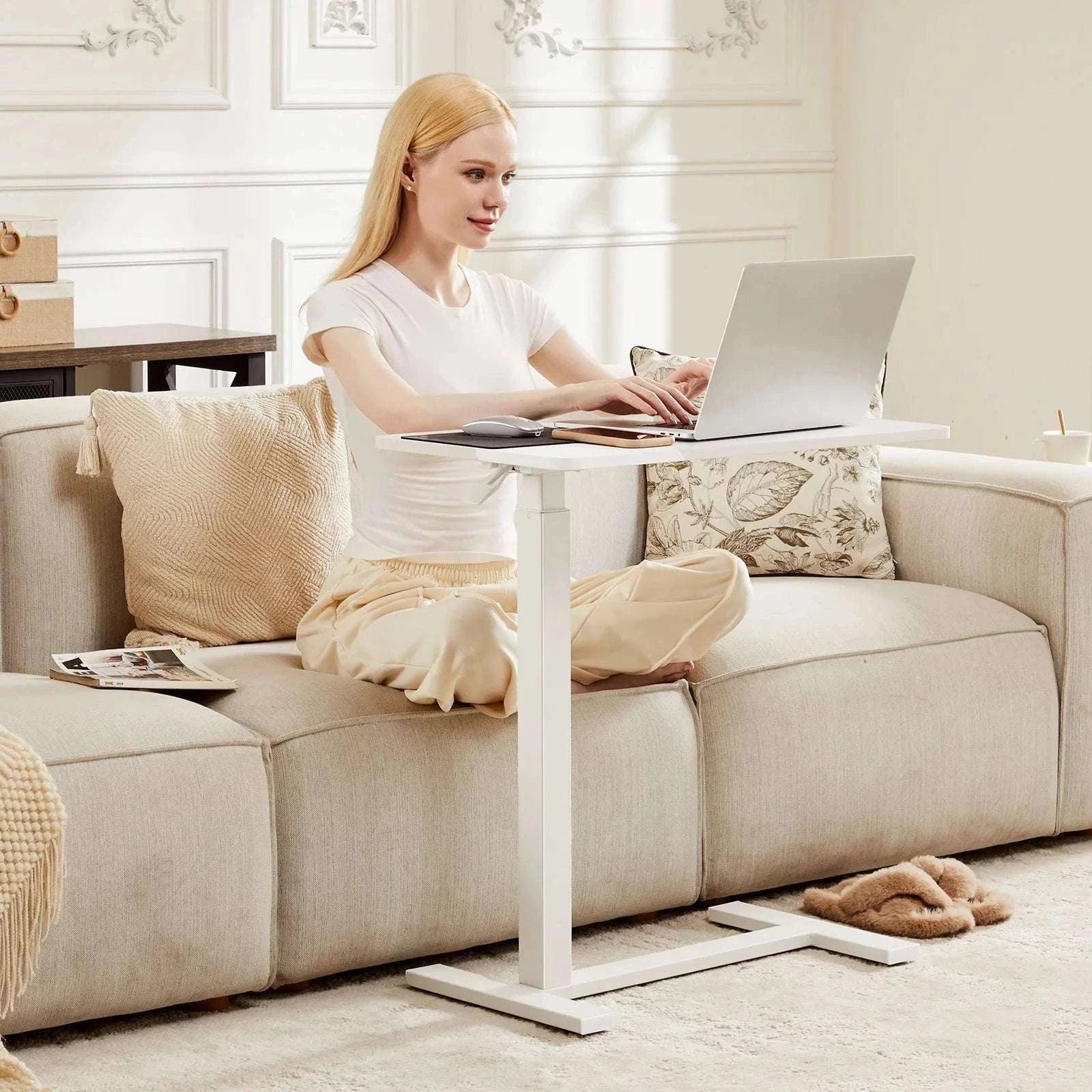 Adjustable Overbed Table with Height Control for Bed & Sofa Use-Ivory / United States