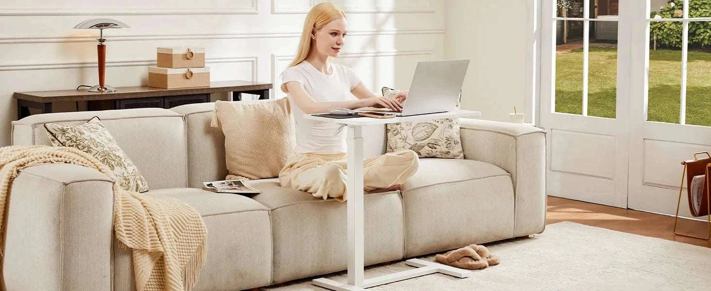 Adjustable Overbed Table with Height Control for Bed & Sofa Use-Ivory / United States