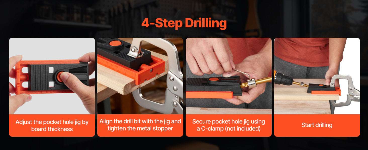 Adjustable Pocket Hole Jig Kit 1/2–1-1/2 in for Woodworking-4.52x2.36x0.78in / United States