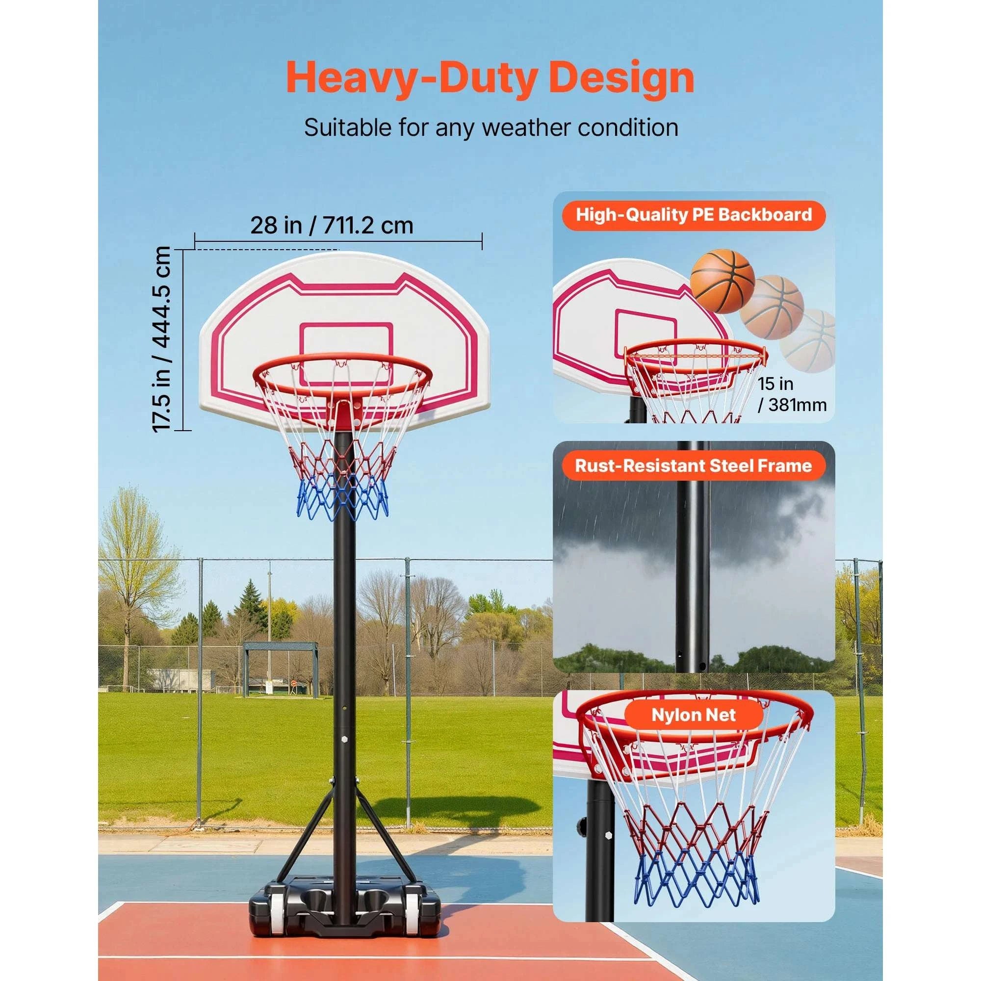 Adjustable Portable Basketball Hoop 5.2–6.9 ft with Wheels-28inch / United States