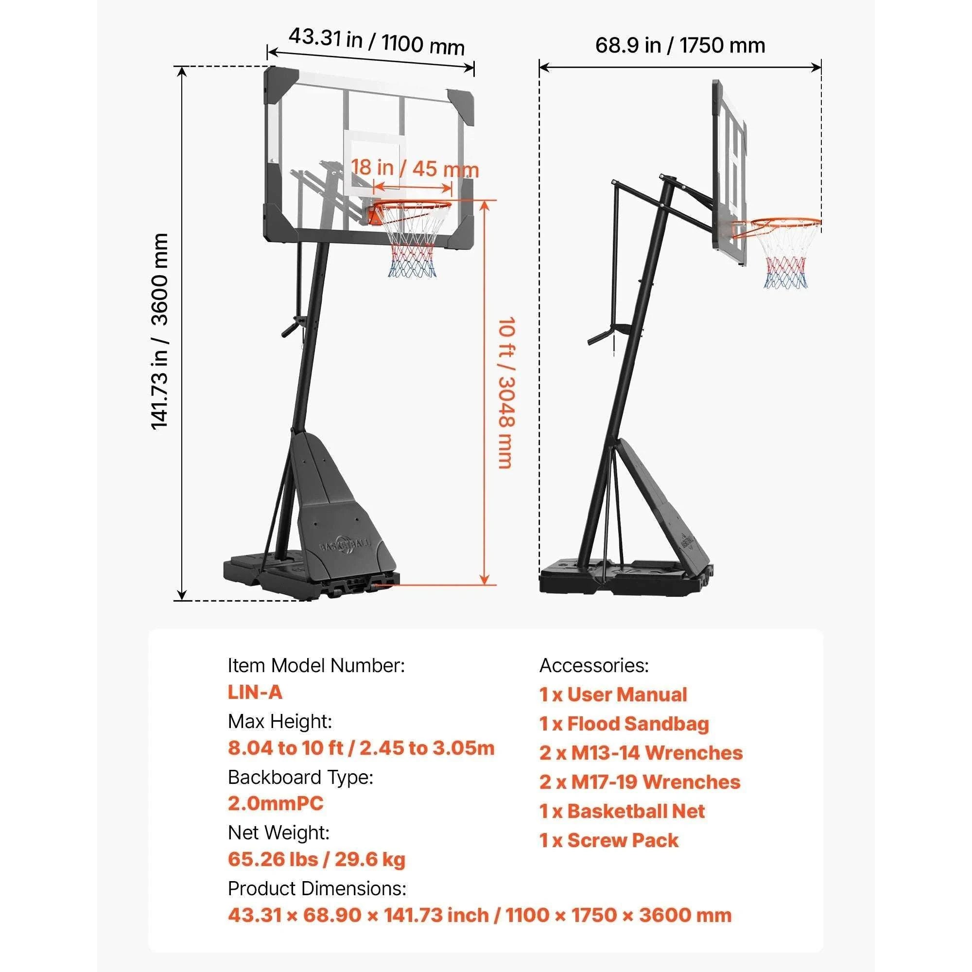 Adjustable Portable Basketball Hoop System with 44–54 Inch Backboard-50inch / United States