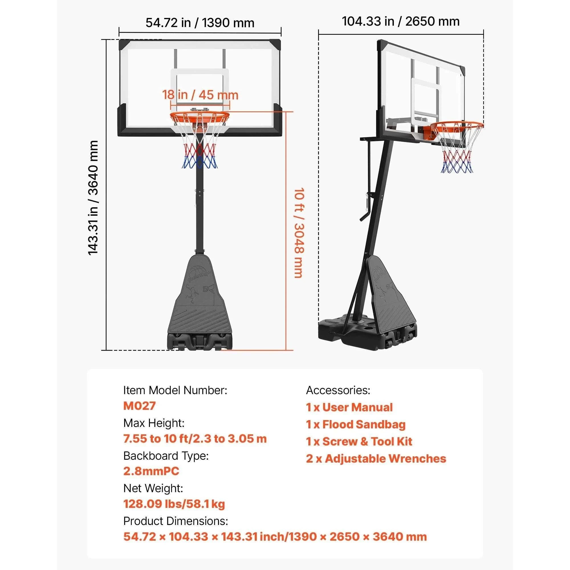 Adjustable Portable Basketball Hoop System with 44–54 Inch Backboard-50inch / United States