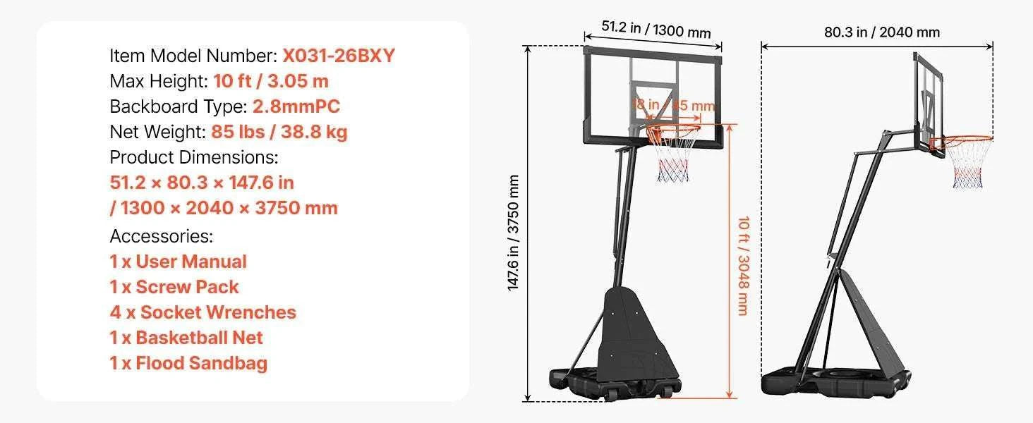 Adjustable Portable Basketball Hoop System with 44–54 Inch Backboard-50inch / United States