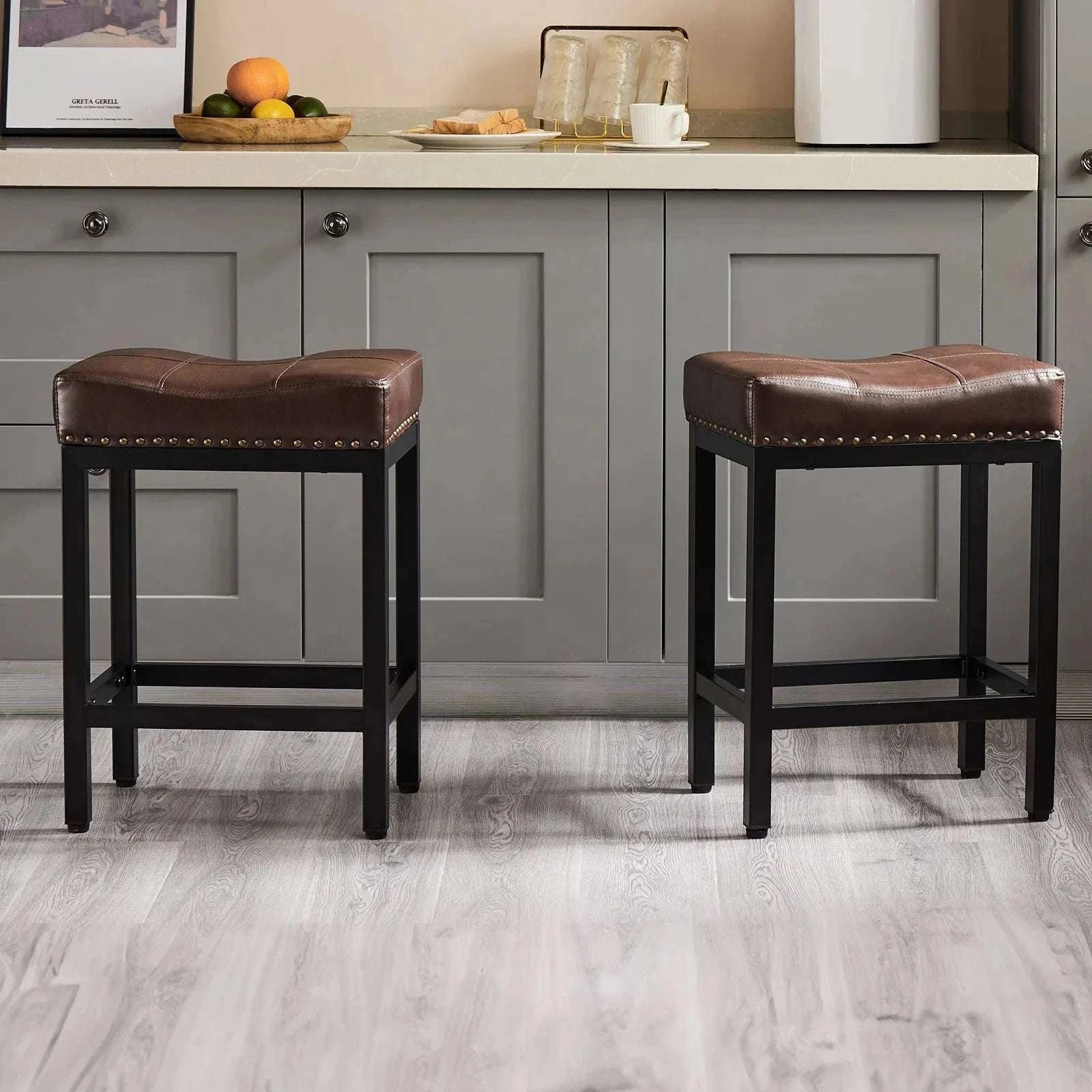 Adjustable PU Leather Saddle Bar Stools with Metal Base-Grey 2 / United States
