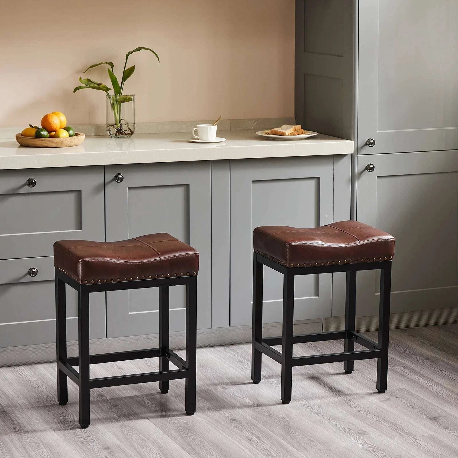 Adjustable PU Leather Saddle Bar Stools with Metal Base-Grey 2 / United States