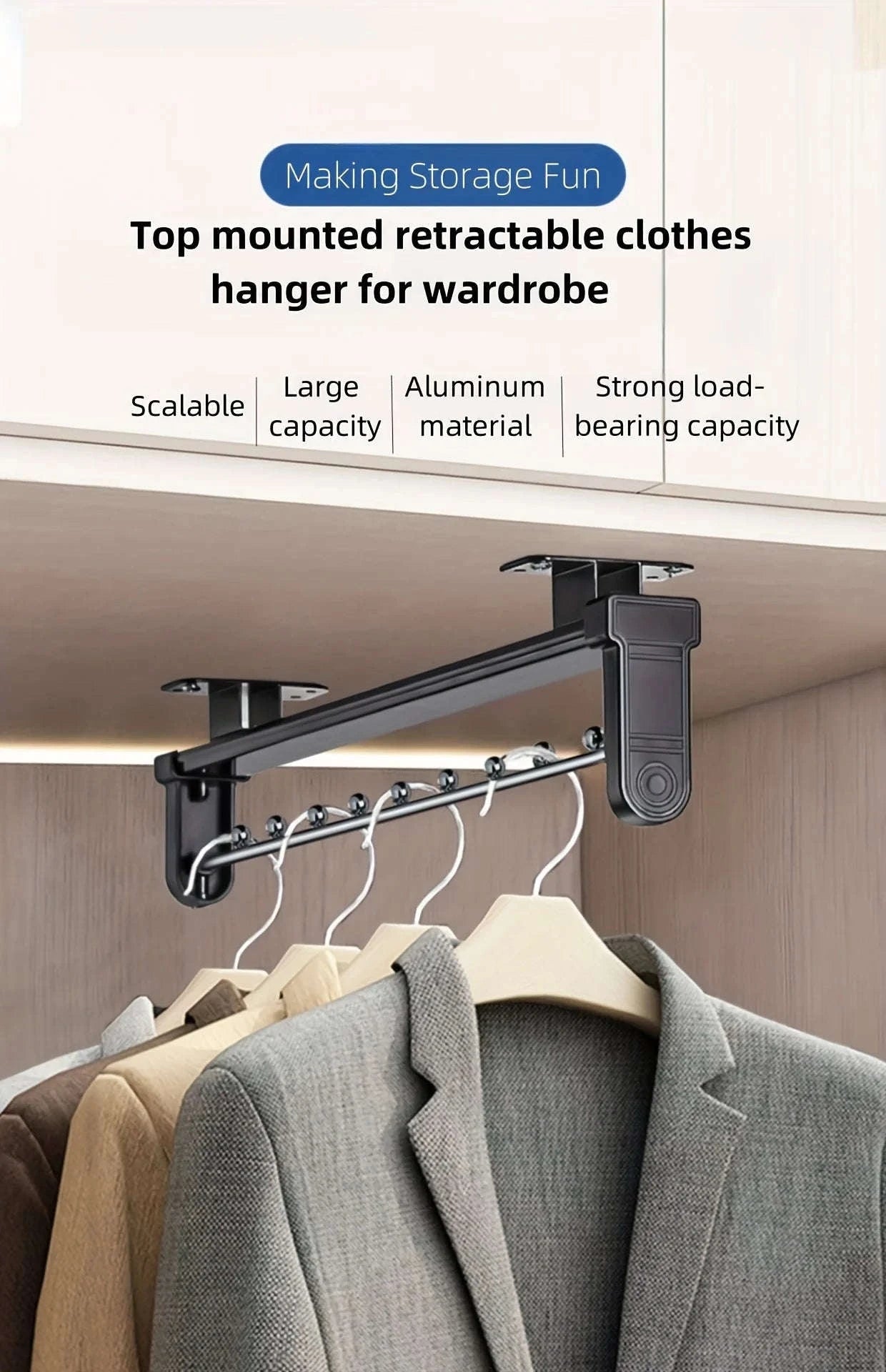 Adjustable Pull-Out Clothes Storage Rod for Wardrobes-25cm