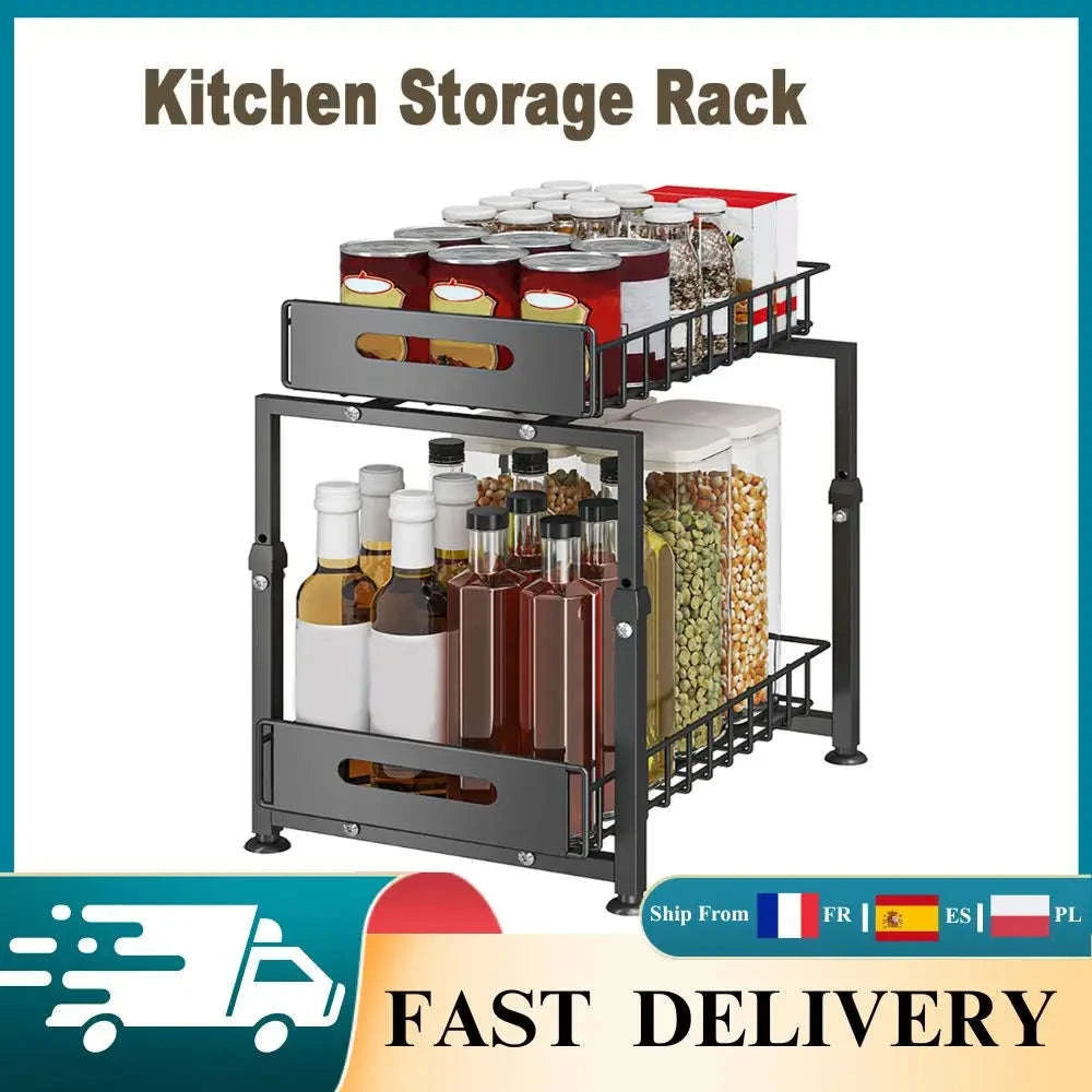 Adjustable Pull-Out Under Sink Organizer Double Layer Steel Rack-2pcs / france
