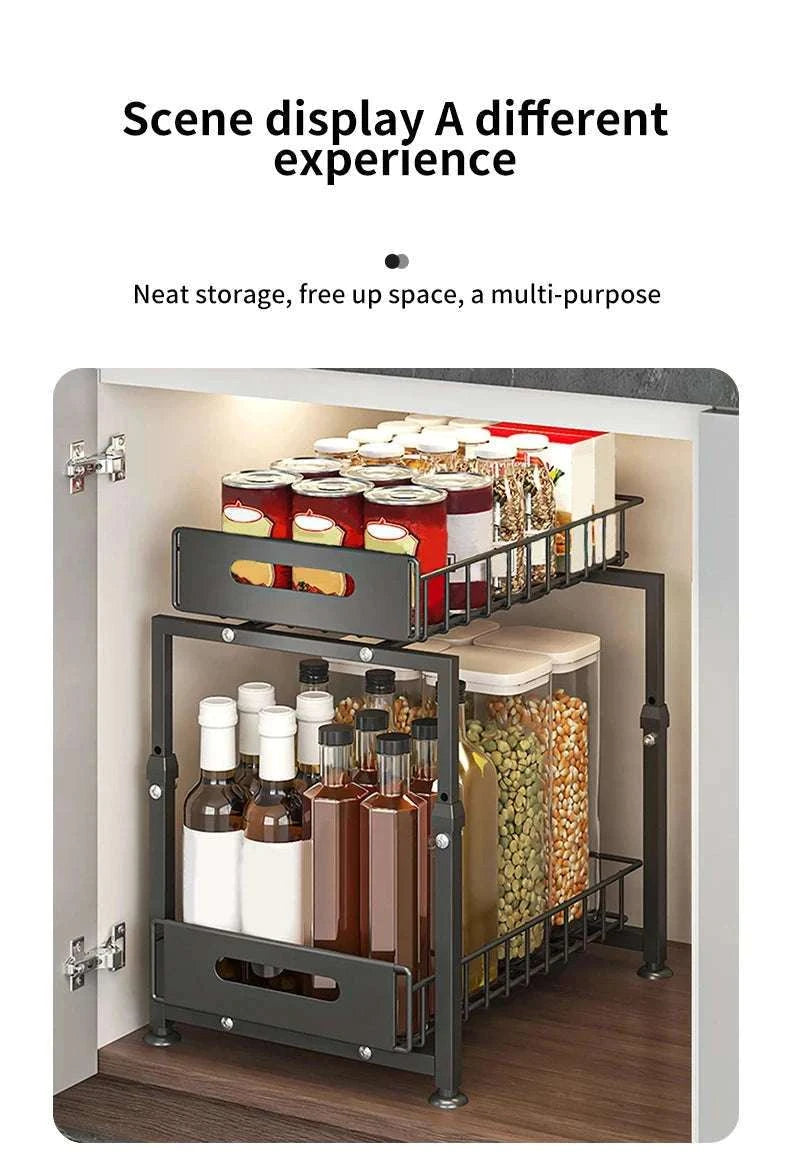 Adjustable Pull-Out Under Sink Organizer Double Layer Steel Rack-