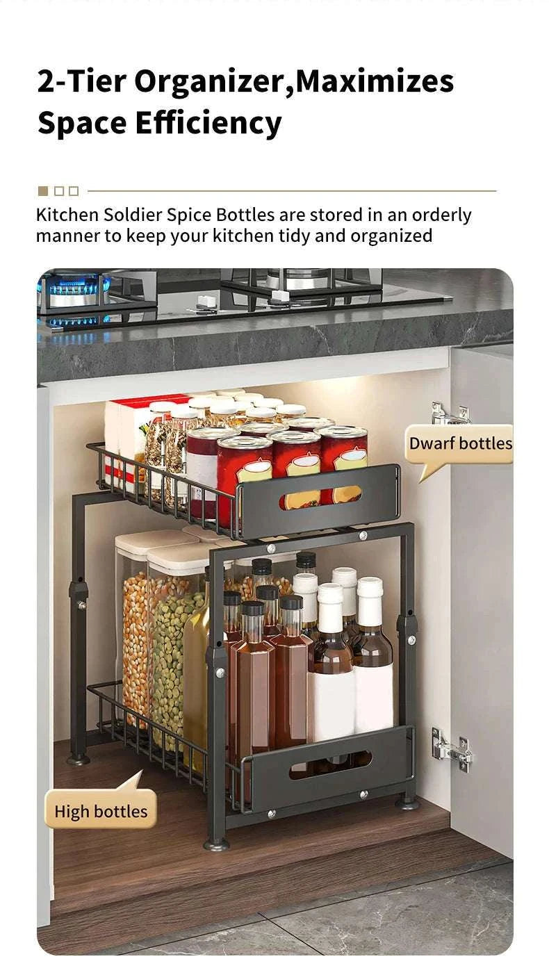 Adjustable Pull-Out Under Sink Organizer Double Layer Steel Rack-