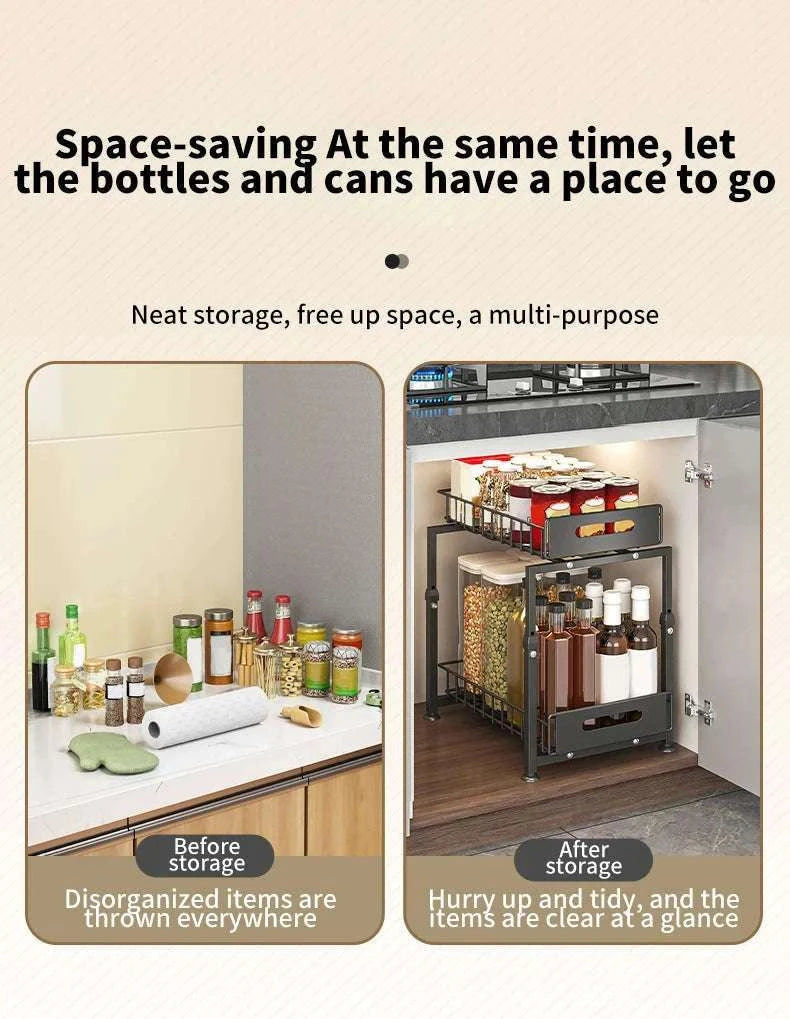 Adjustable Pull-Out Under Sink Organizer Double Layer Steel Rack-