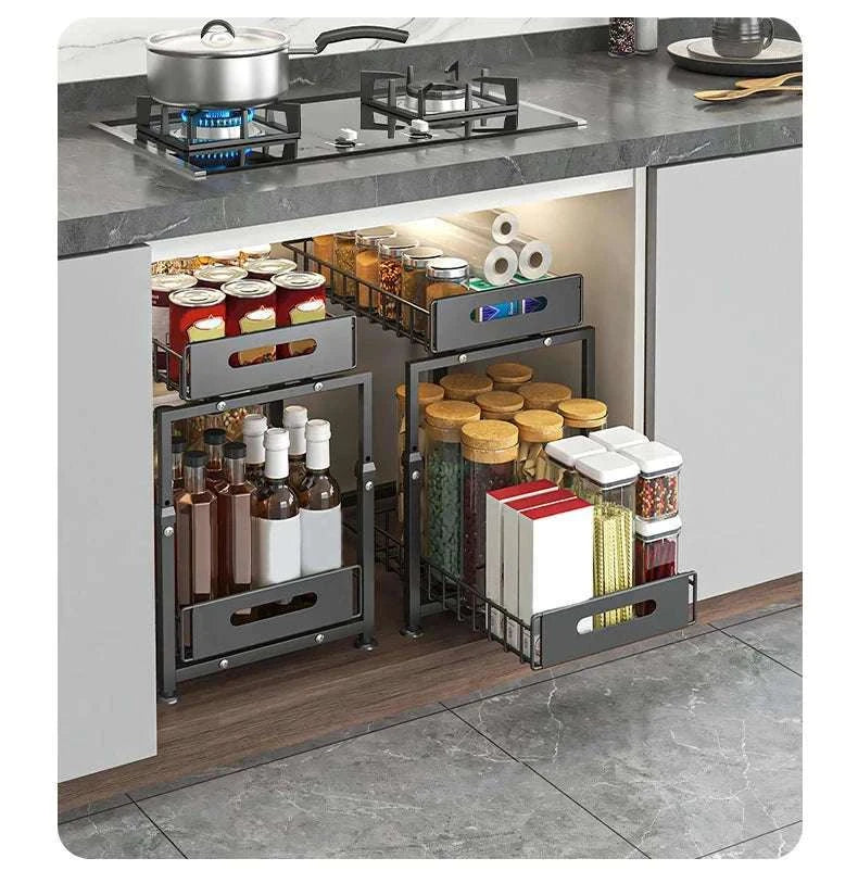 Adjustable Pull-Out Under Sink Organizer Double Layer Steel Rack-