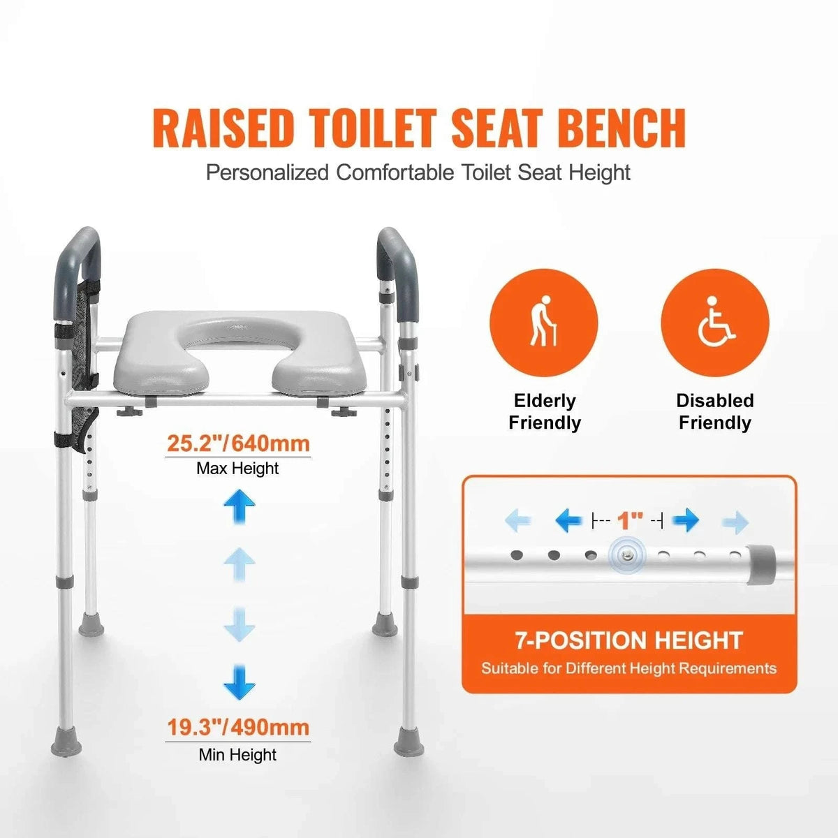 Adjustable Raised Toilet Seat with Padded Cushion & 350lb Support-350lbs / United States