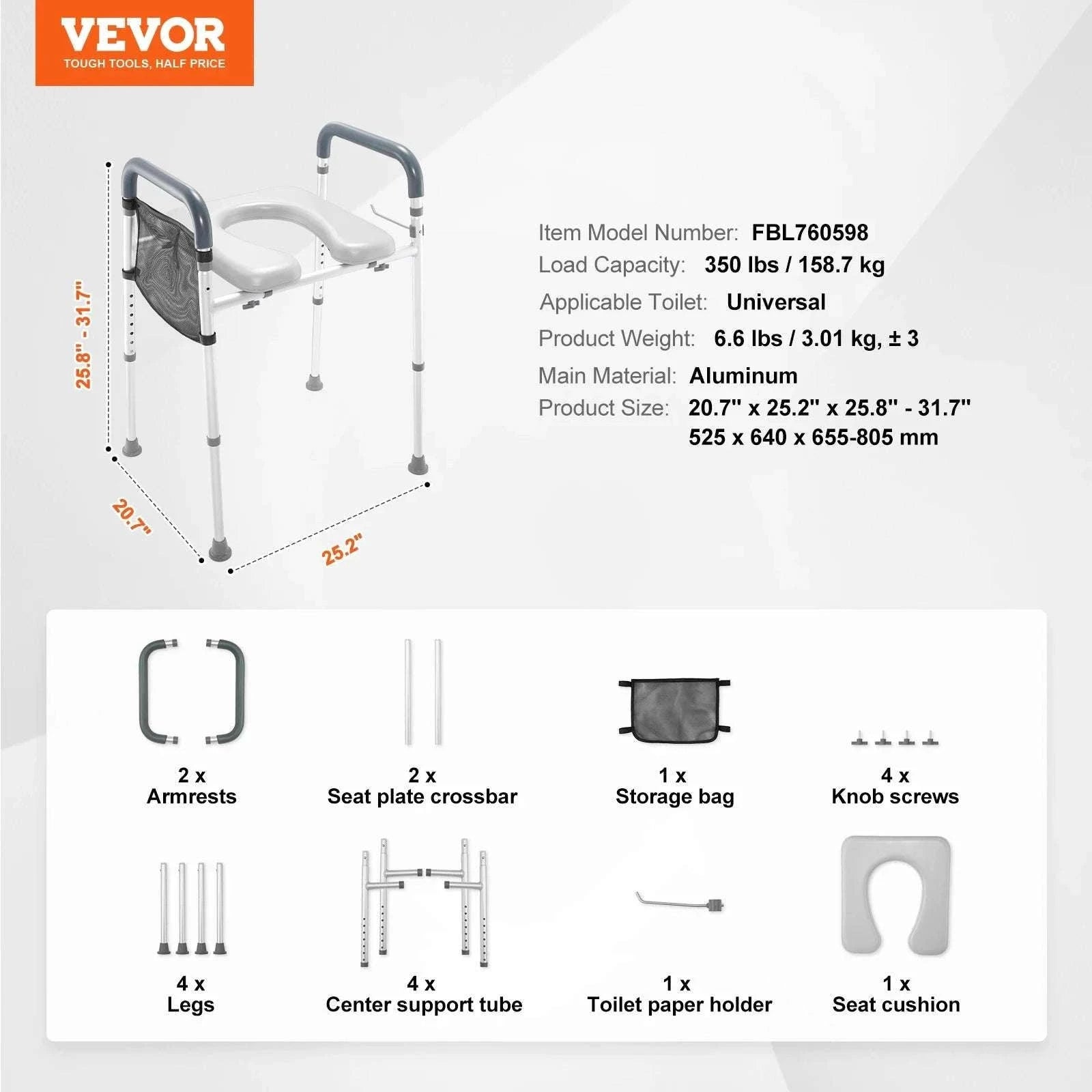 Adjustable Raised Toilet Seat with Padded Cushion & 350lb Support-350lbs / United States