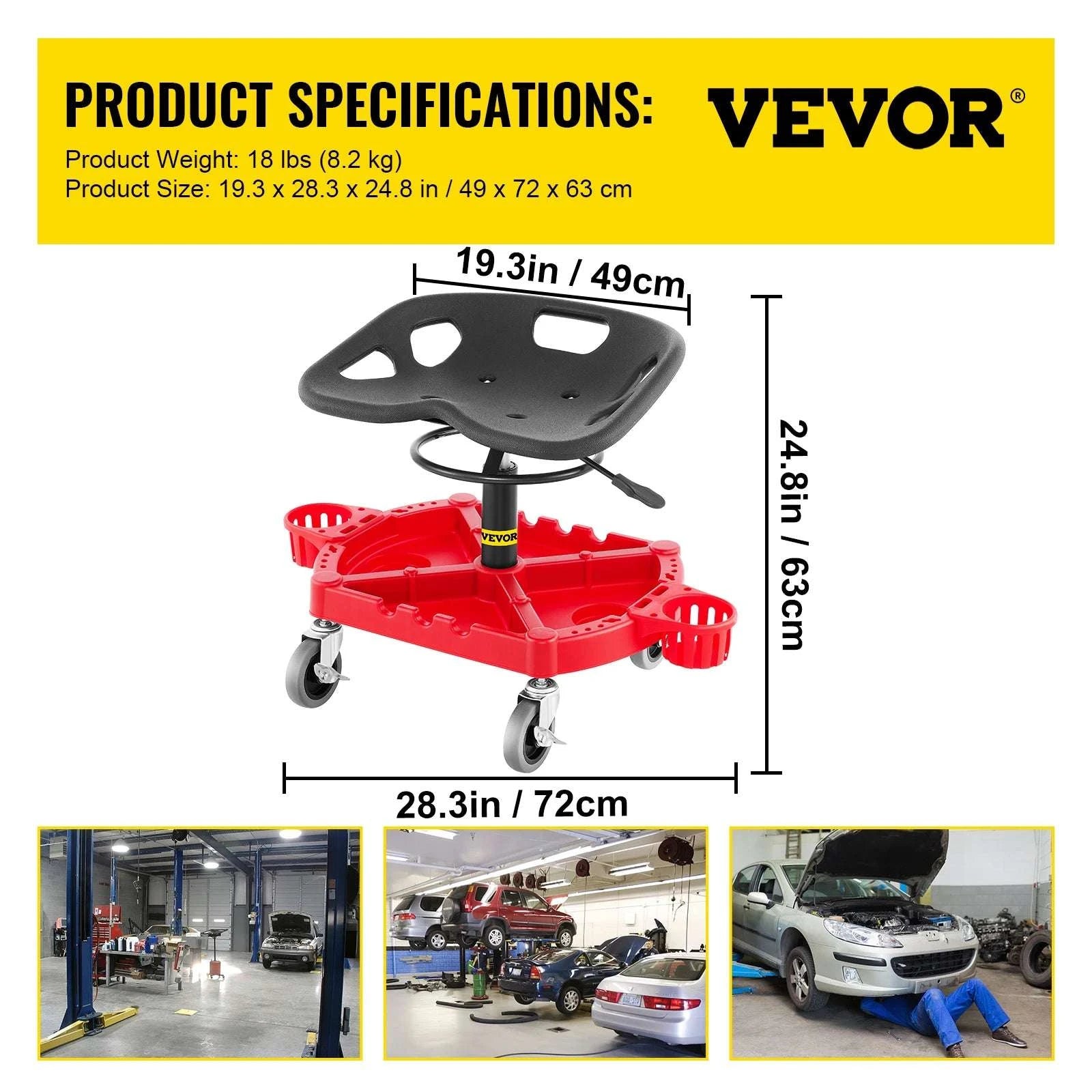 Adjustable Rolling Garage Stool with Tool Tray and Locking Wheels-B 300lb Hollow Seat / United States