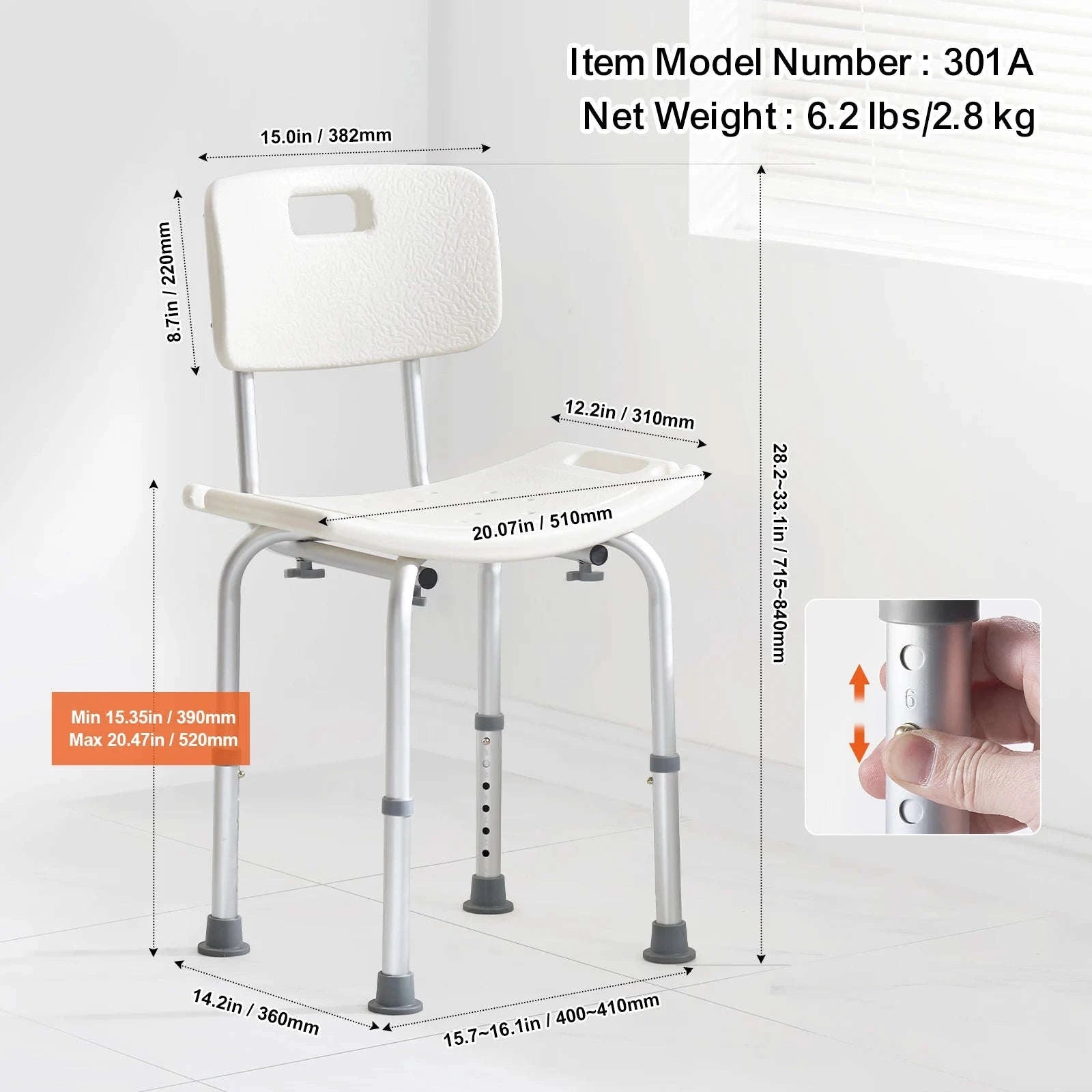 Adjustable Shower Chair with Back and Non-Slip Feet-350 lbs / United States