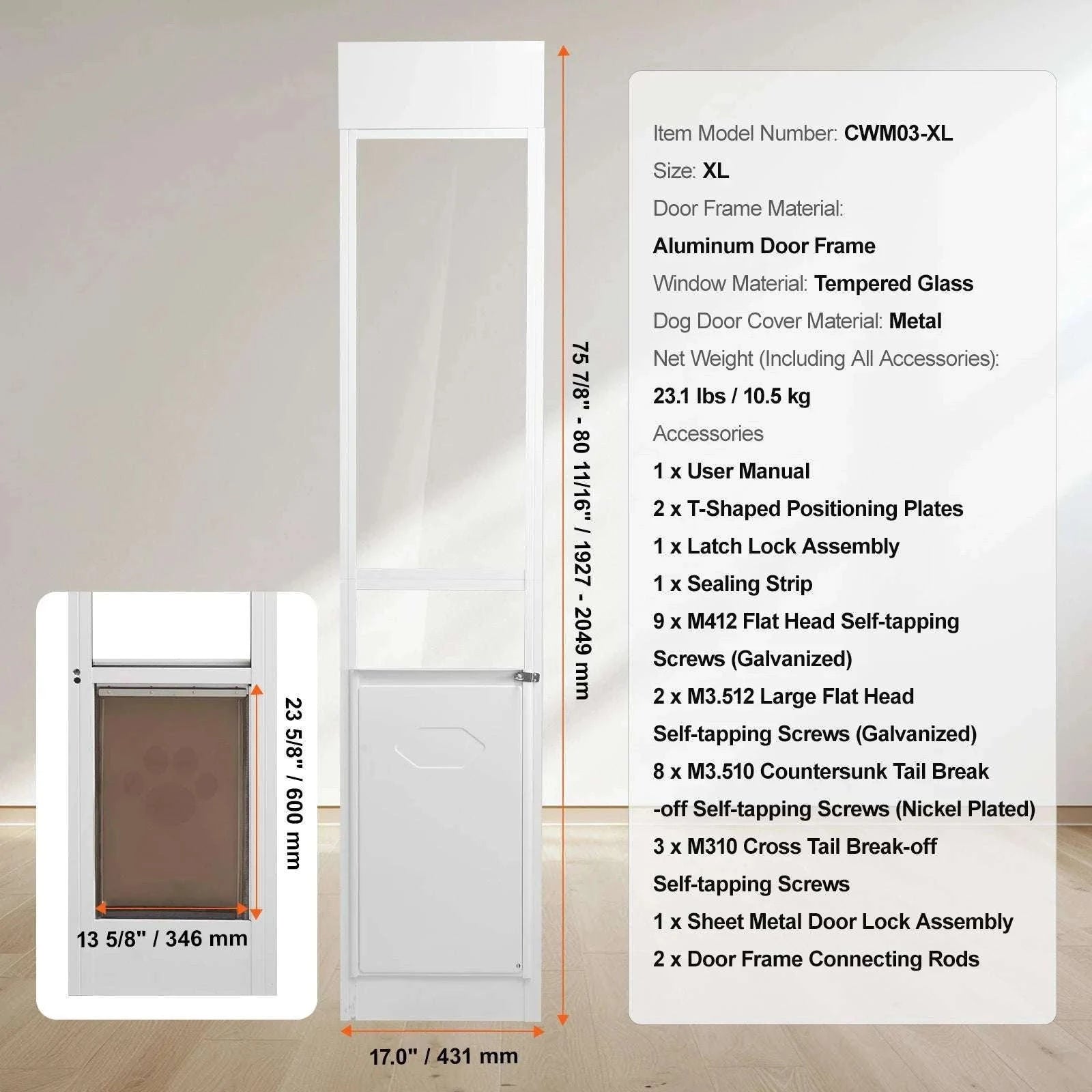 Adjustable Sliding Glass Dog Door with Lock & Tempered Glass Panel-M Size / france