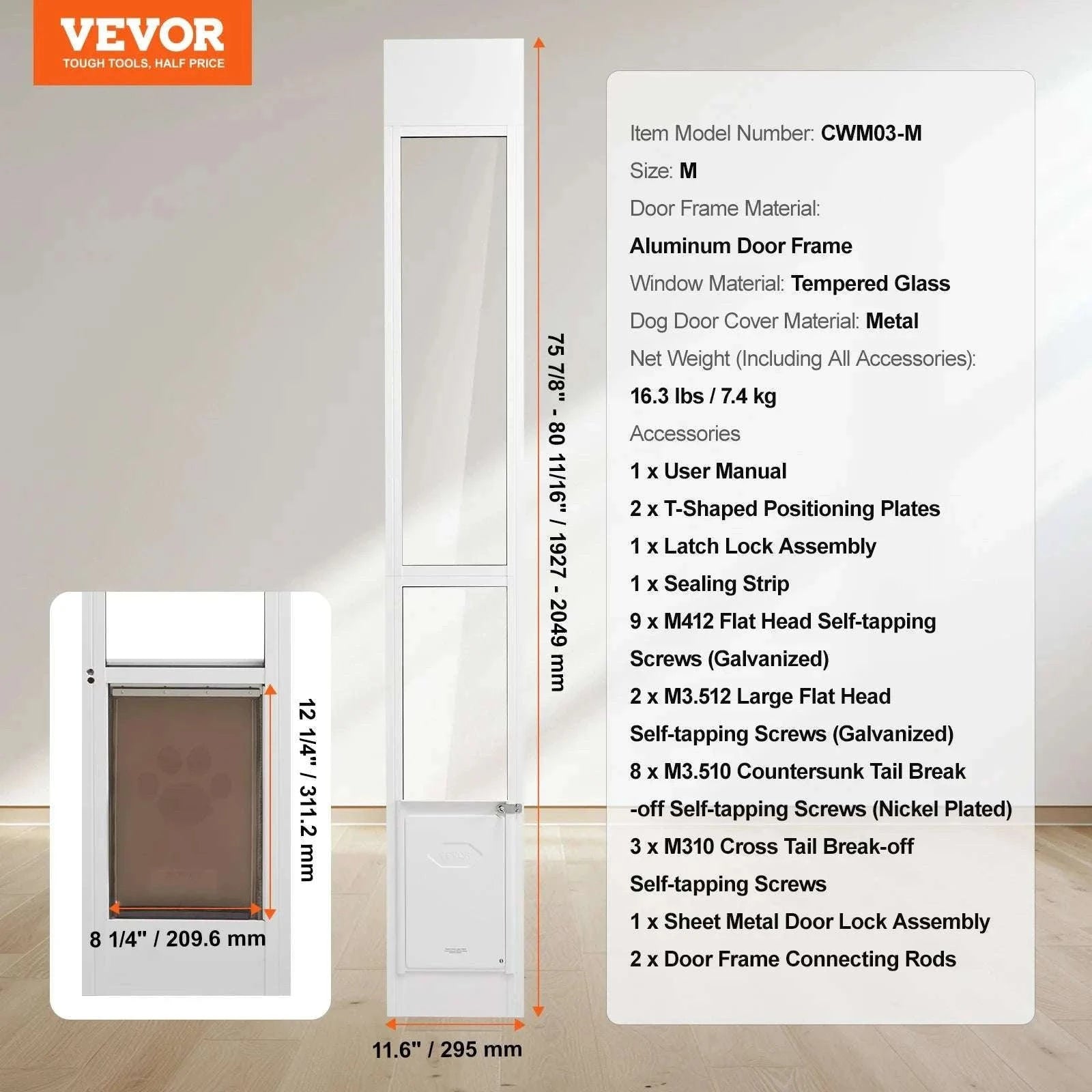 Adjustable Sliding Glass Dog Door with Lock & Tempered Glass Panel-M Size / france