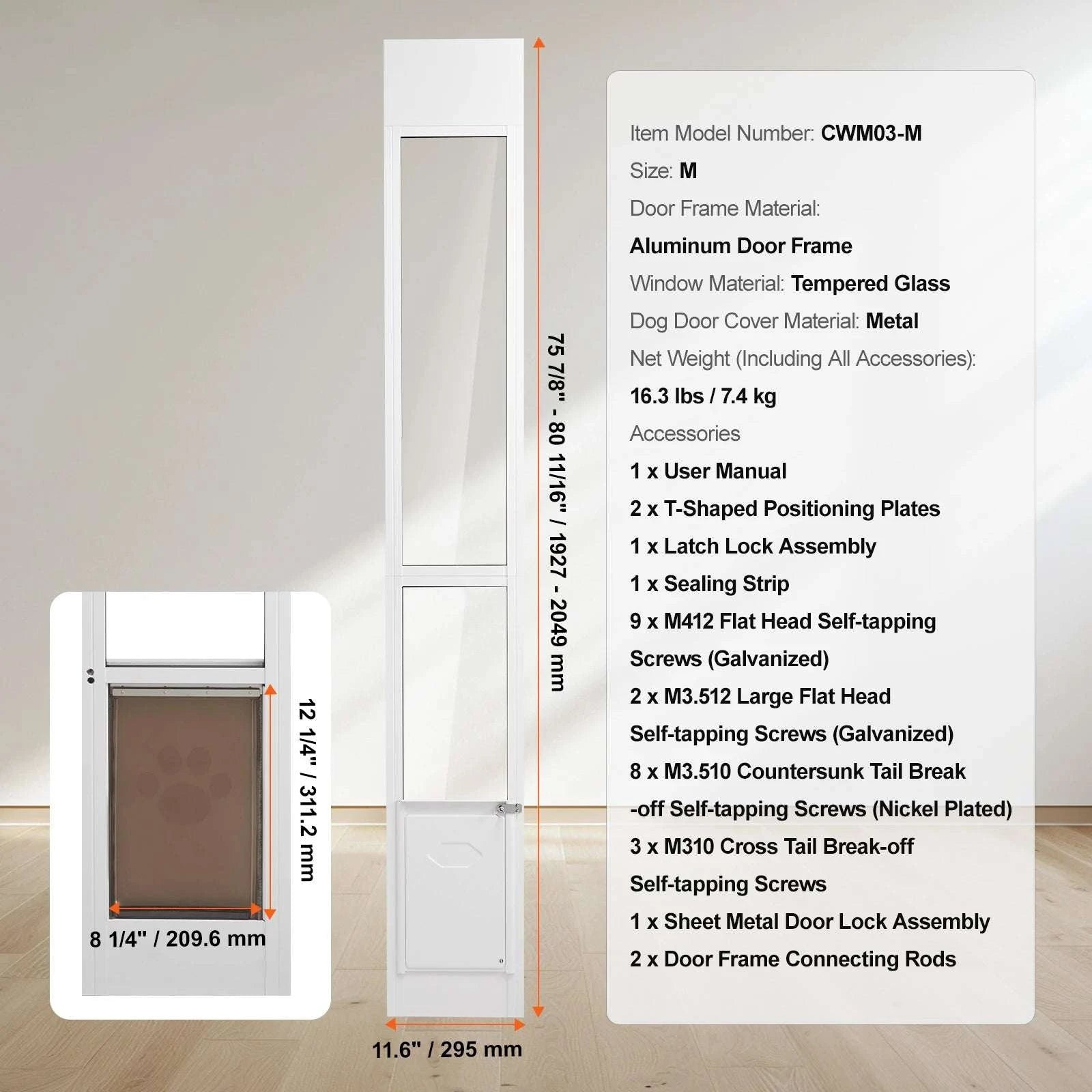 Adjustable Sliding Glass Dog Door with Lock & Tempered Glass Panel-M Size / france