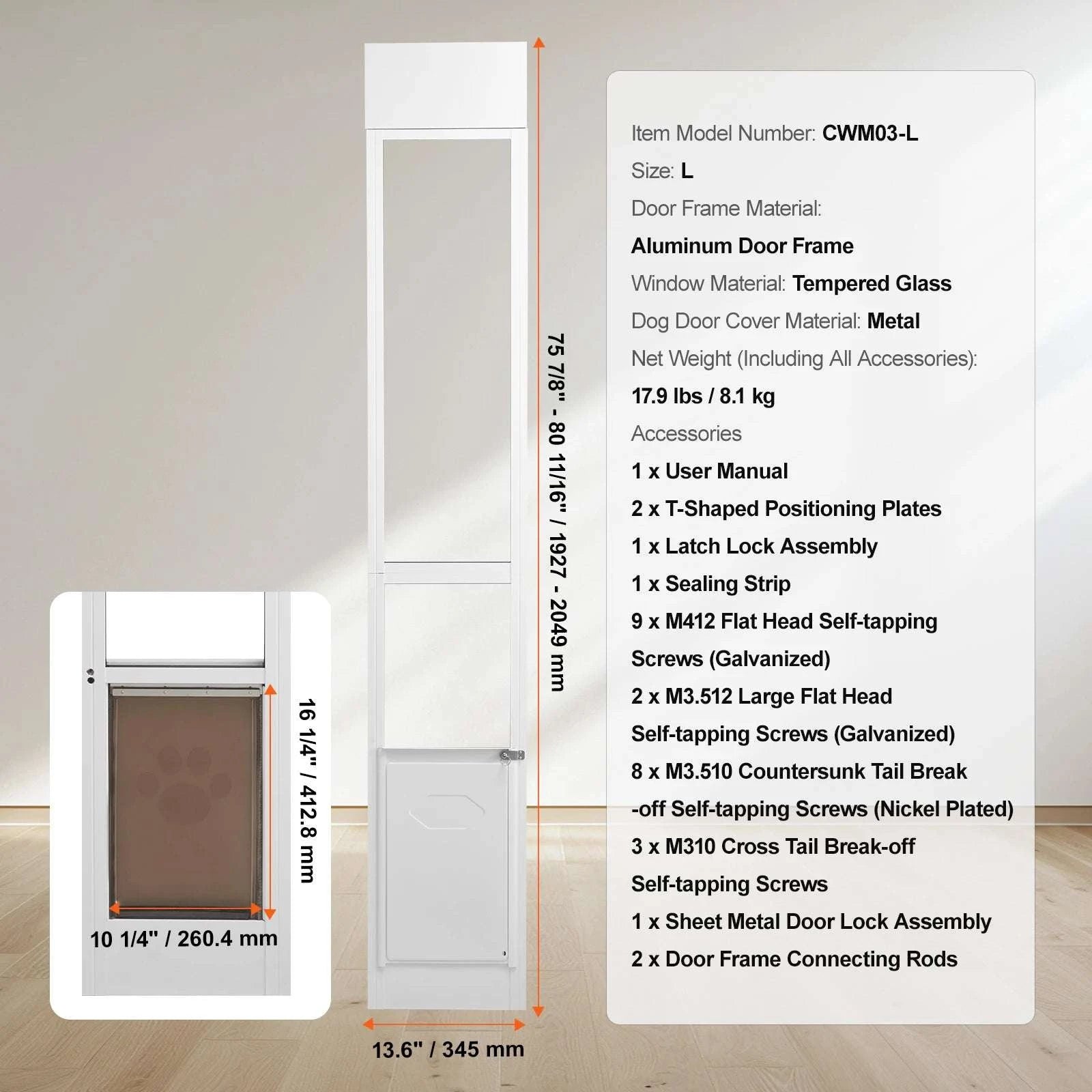 Adjustable Sliding Glass Dog Door with Lock & Tempered Glass Panel-M Size / france