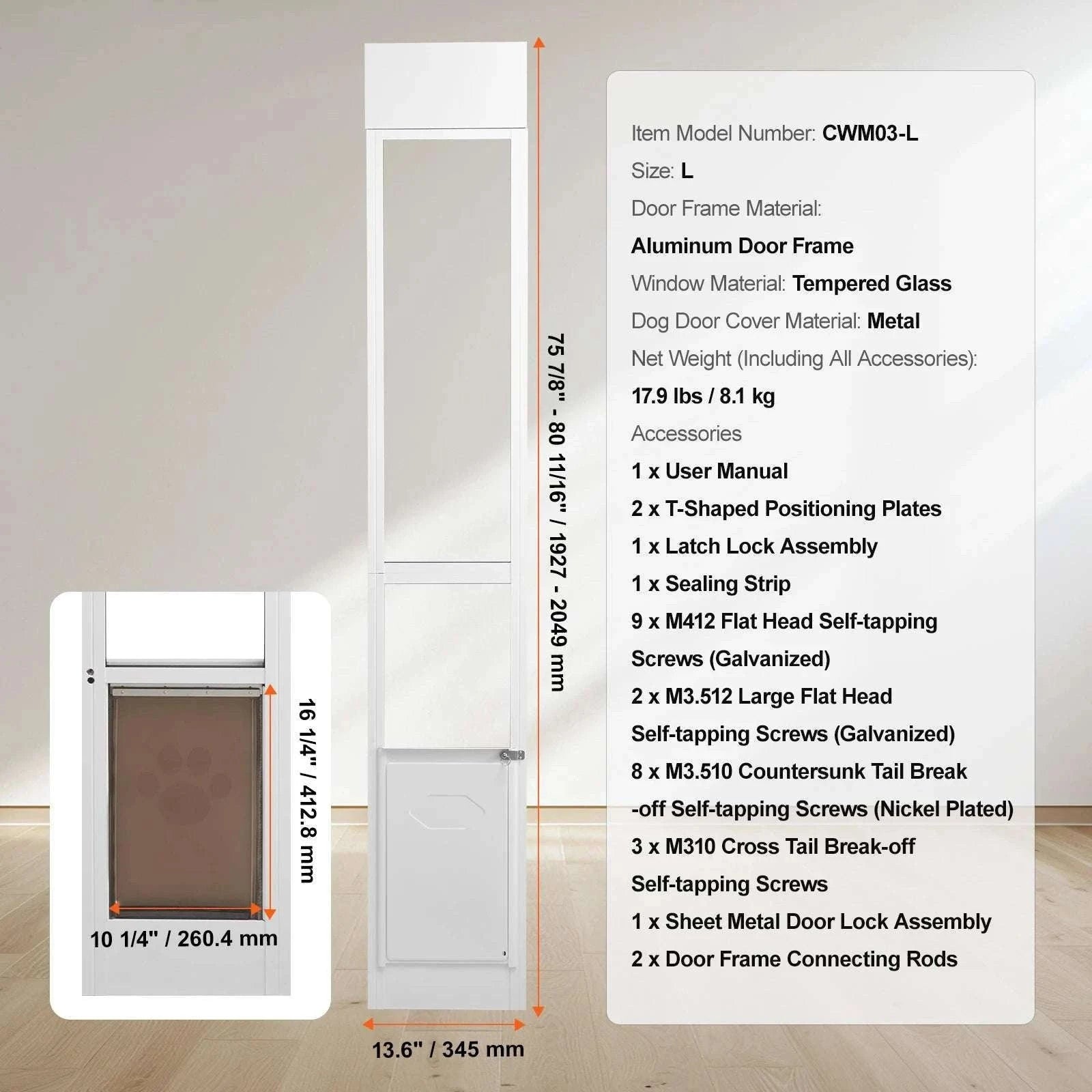 Adjustable Sliding Glass Dog Door with Lock & Tempered Glass Panel-M Size / france